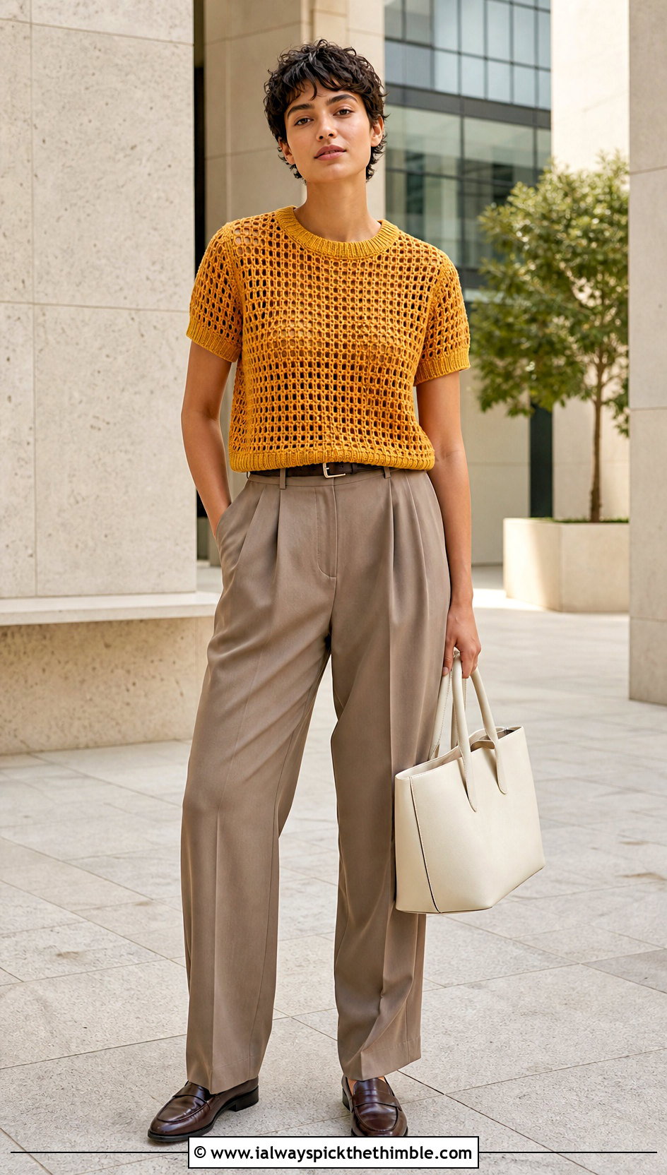 Short Sleeve Crochet Sweater With Suit Trousers - 20 unisex crochet sweater outfit ideas