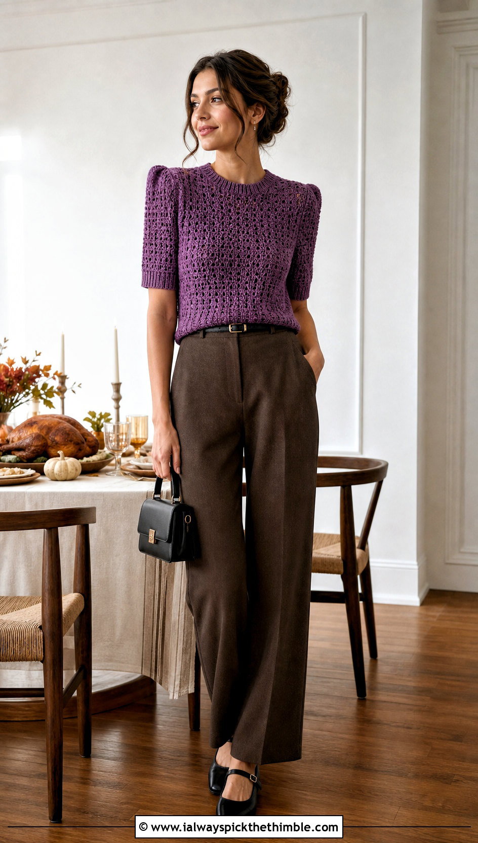 Short Sleeve Crochet Sweater With Wool Trousers And Mary Janes - 20 Crochet Thanksgiving Sweater outfit ideas