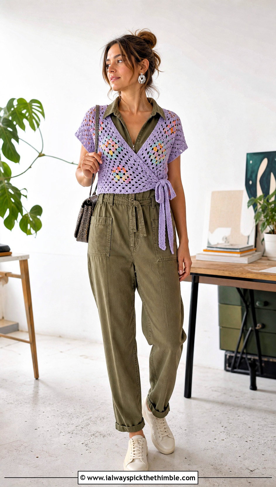 Short Sleeve Crochet Wrap Shirt With Utility Jumpsuit - 20 crochet wrap shirt outfit ideas