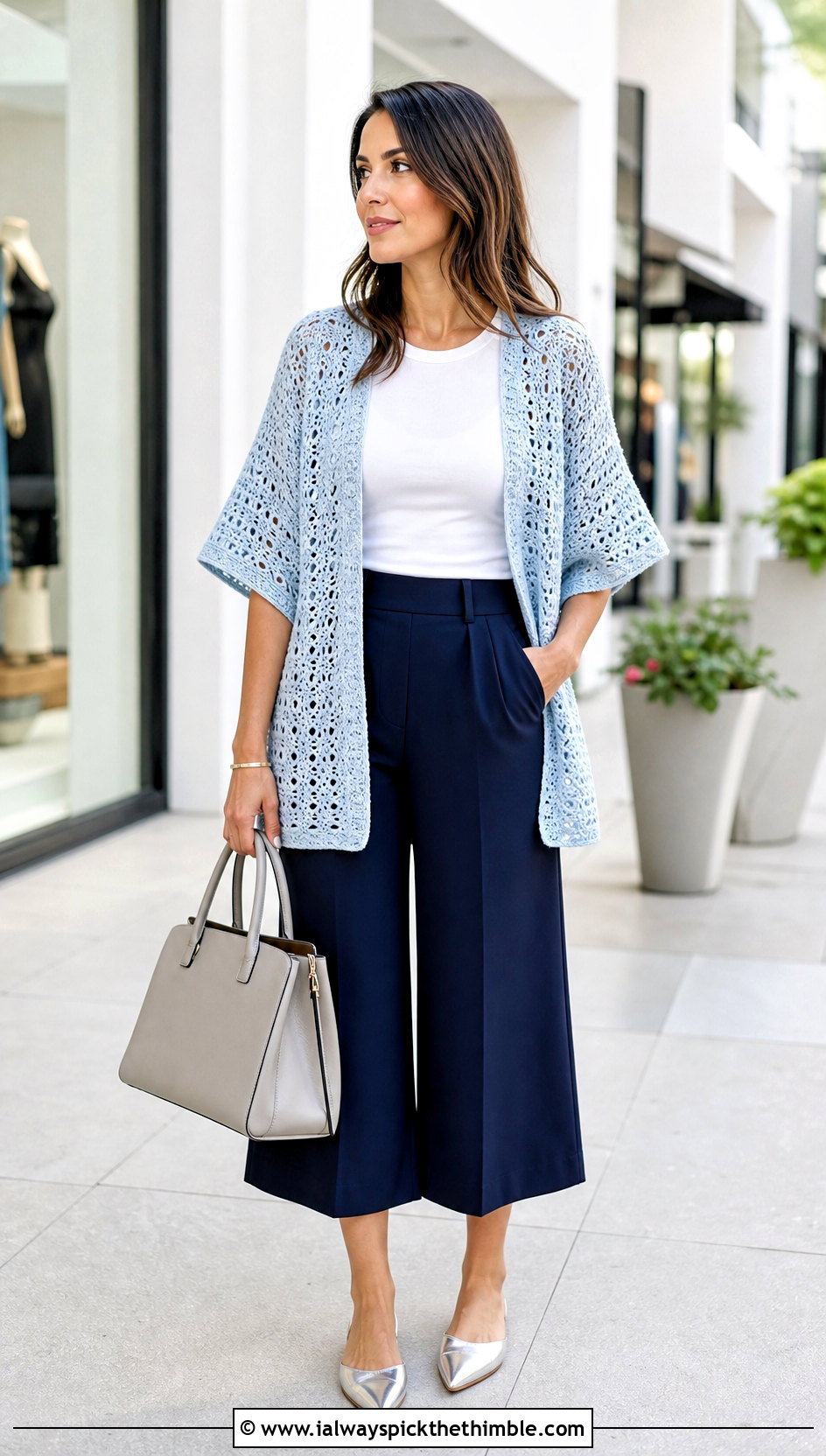 Short Sleeve Crocheted Kimono With Culottes - 20 Crocheted Kimono outfit ideas