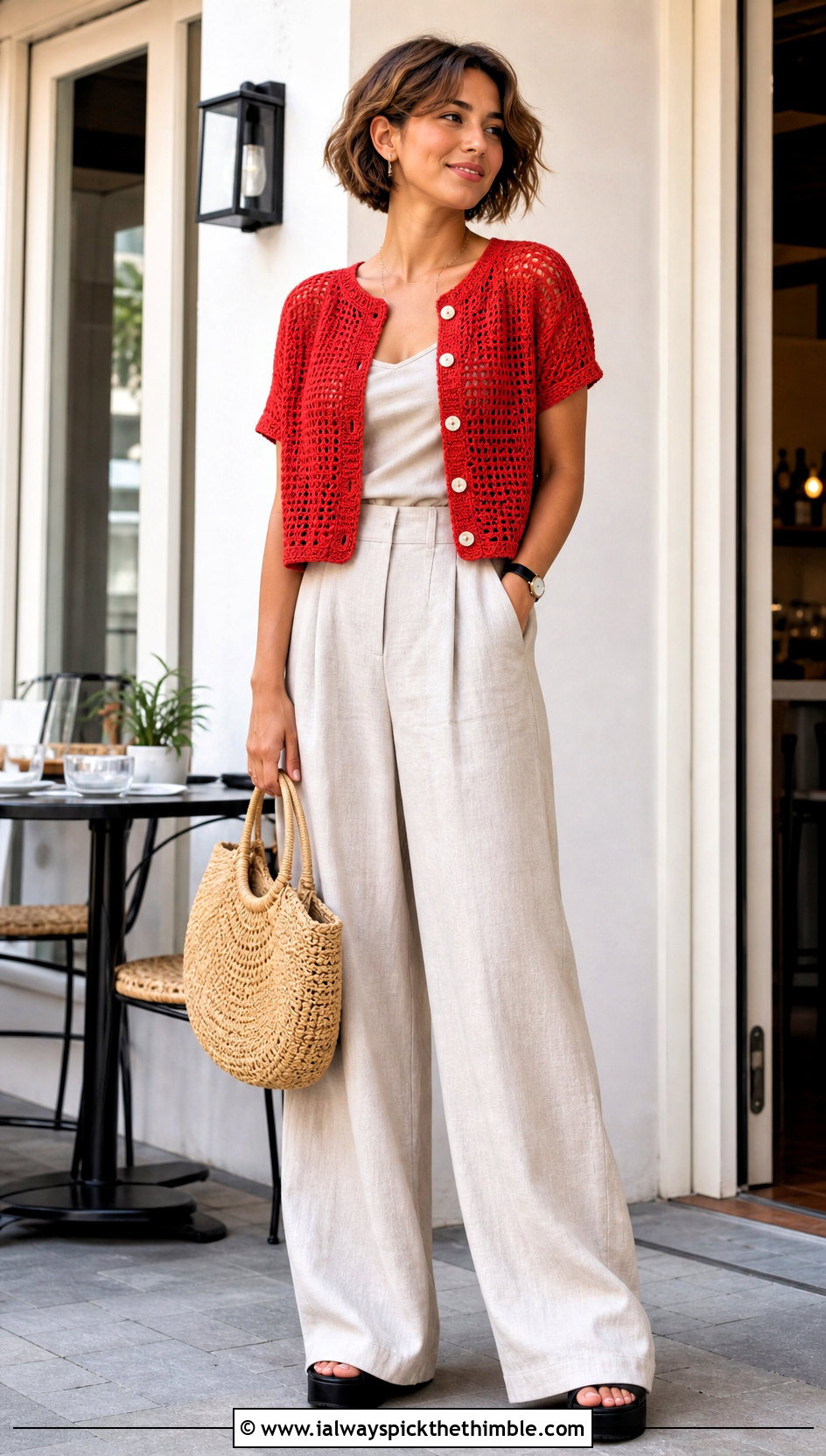 Short Sleeve Cropped Cardigan With Wide Leg Trousers - 20 crocheted cropped cardigan outfit ideas