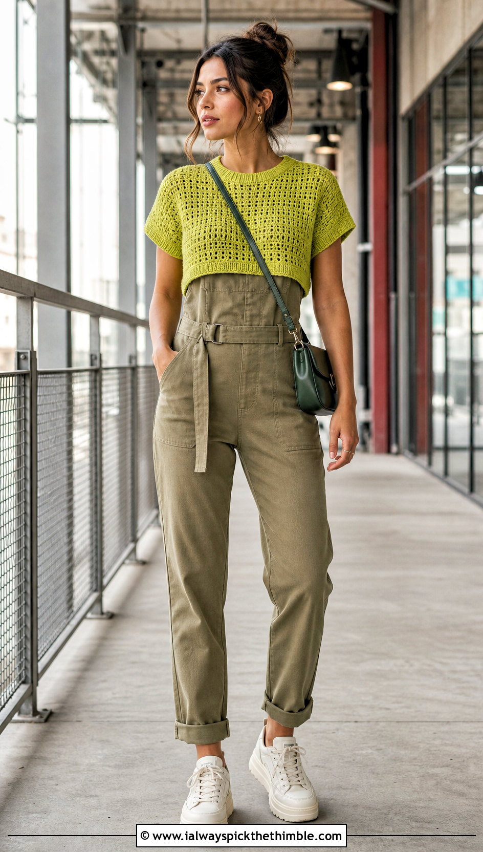 Short Sleeve Cropped Crochet Sweater With Utility Jumpsuit - 25 crochet cropped sweater outfit ideas