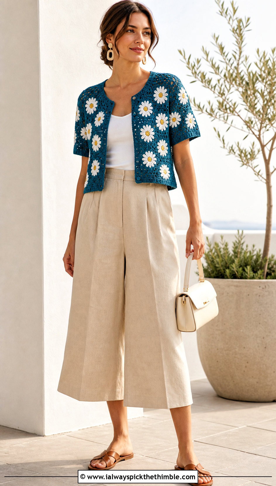 Short Sleeve Daisy Cardigan With Culottes - 25 Crochet Daisy Cardigan outfit ideas