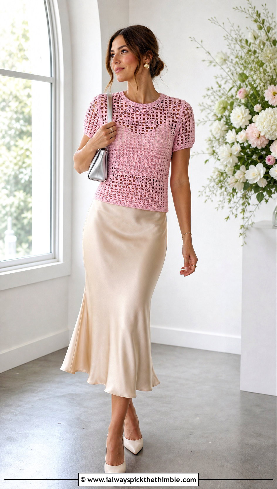 Short Sleeve Filet Crochet Round Sweater With Satin Slip Skirt - 15 crochet round sweater outfit ideas