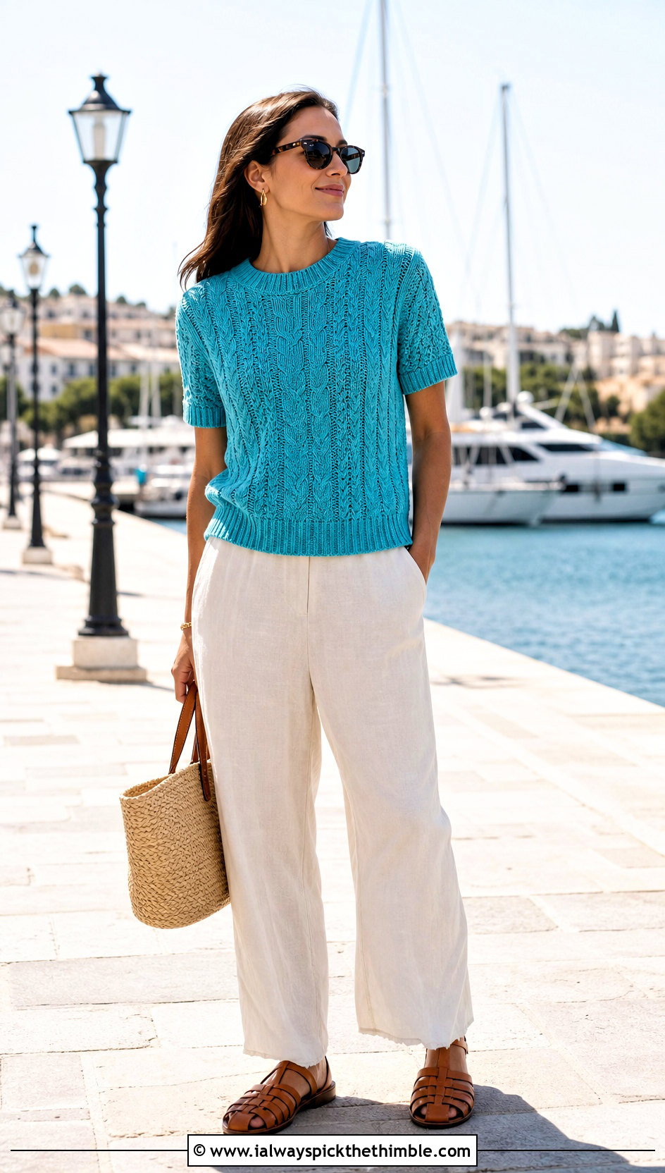 Short Sleeve Fisherman Crochet Sweater With Linen Pants - 20 Fisherman Crochet Sweater outfit ideas