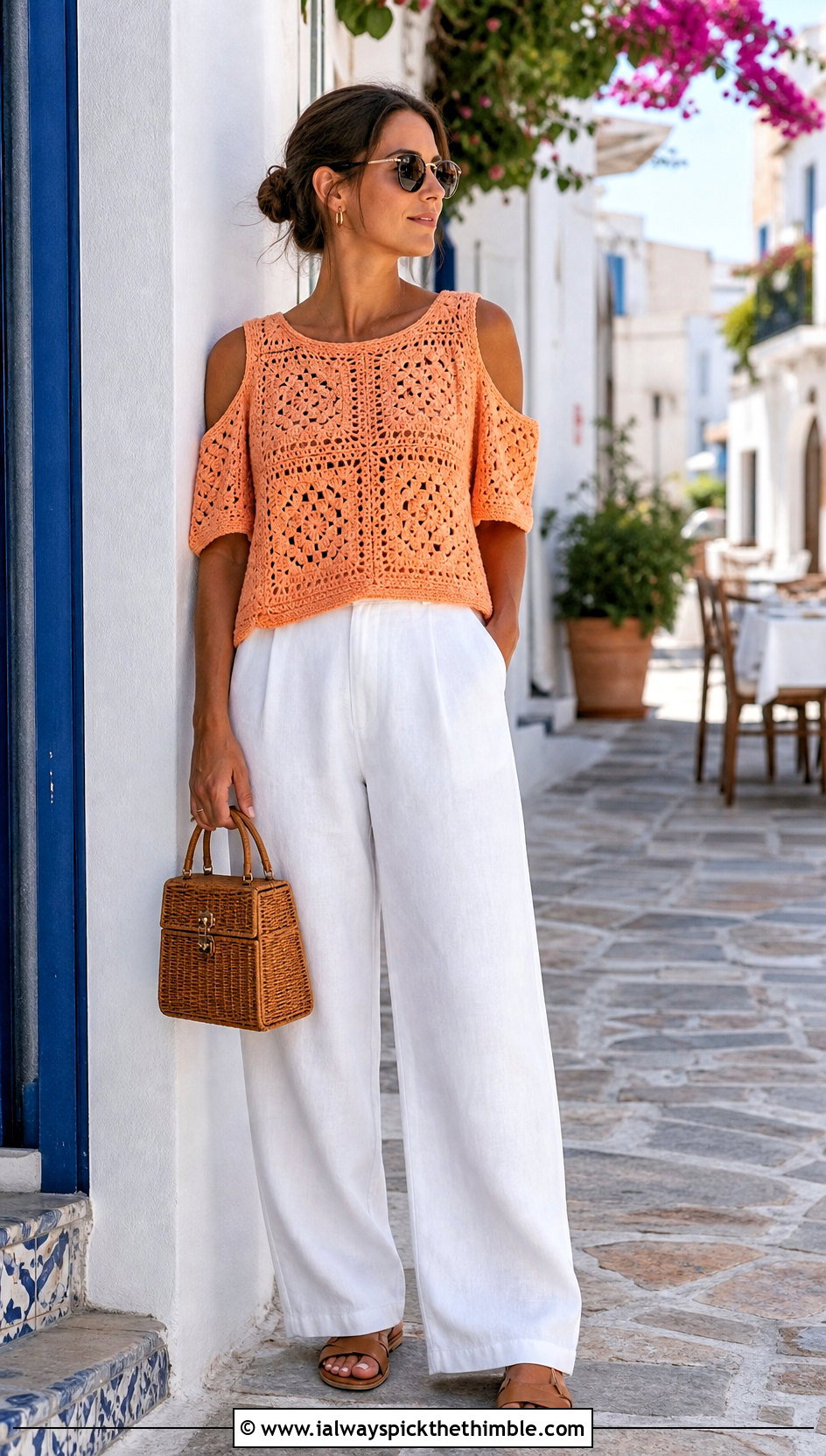 Short Sleeve Granny Crochet Cold Shoulder Sweater With Linen Pants - 20 Crochet Cold Shoulder Sweater outfit ideas