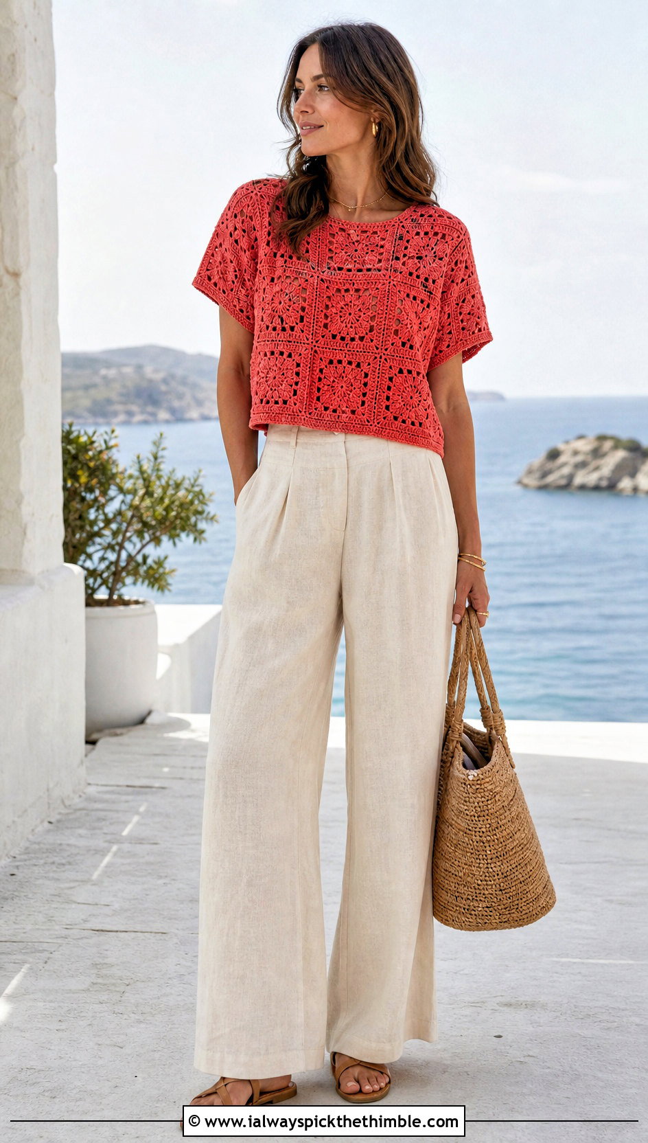 Short Sleeve Granny Square Pullover With Linen Trousers - 20 crochet granny square pullover sweater outfit ideas