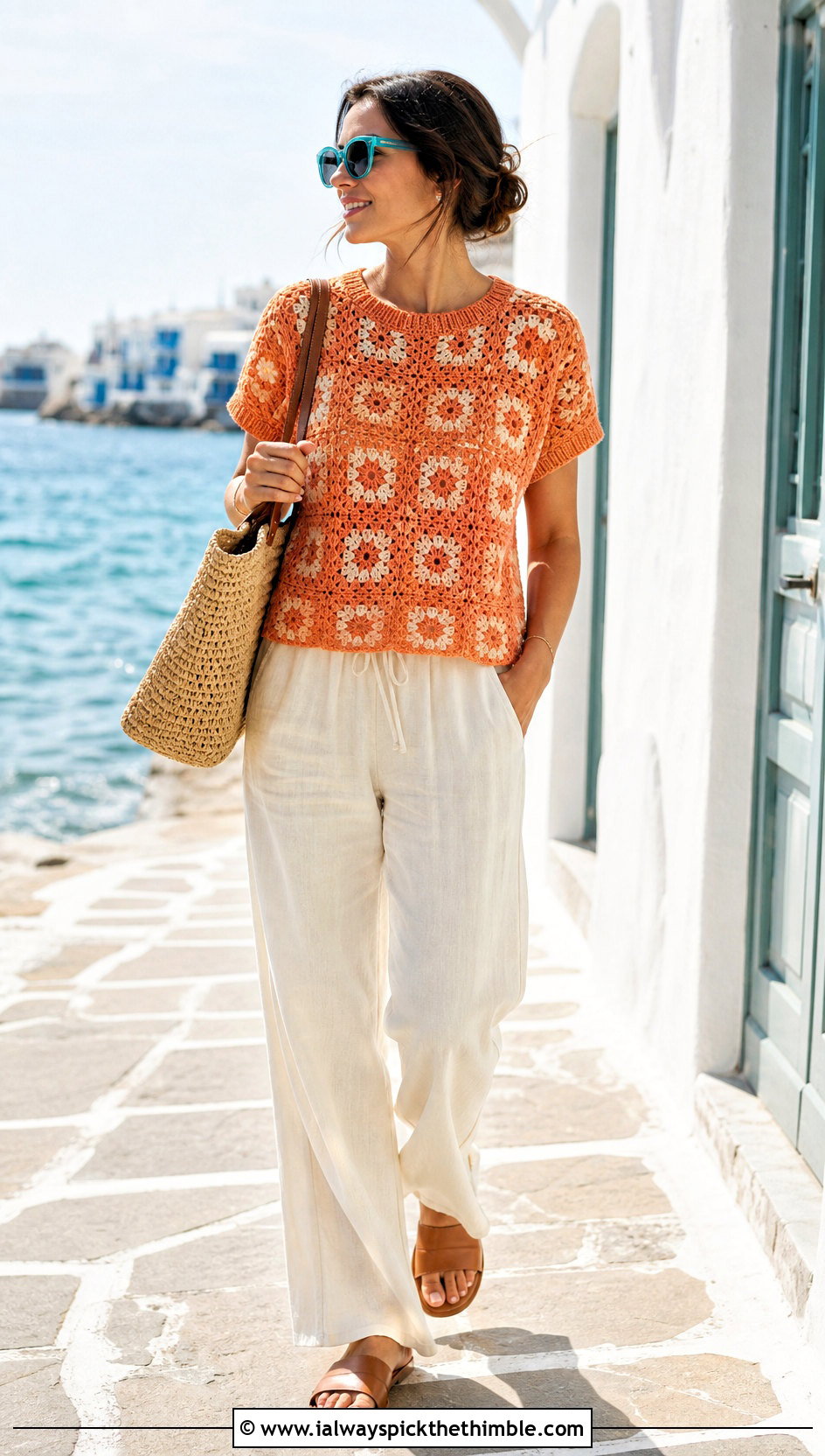 Short Sleeve Granny Square Sweater With Linen Pants - 20 Granny Squares Sweater outfit ideas