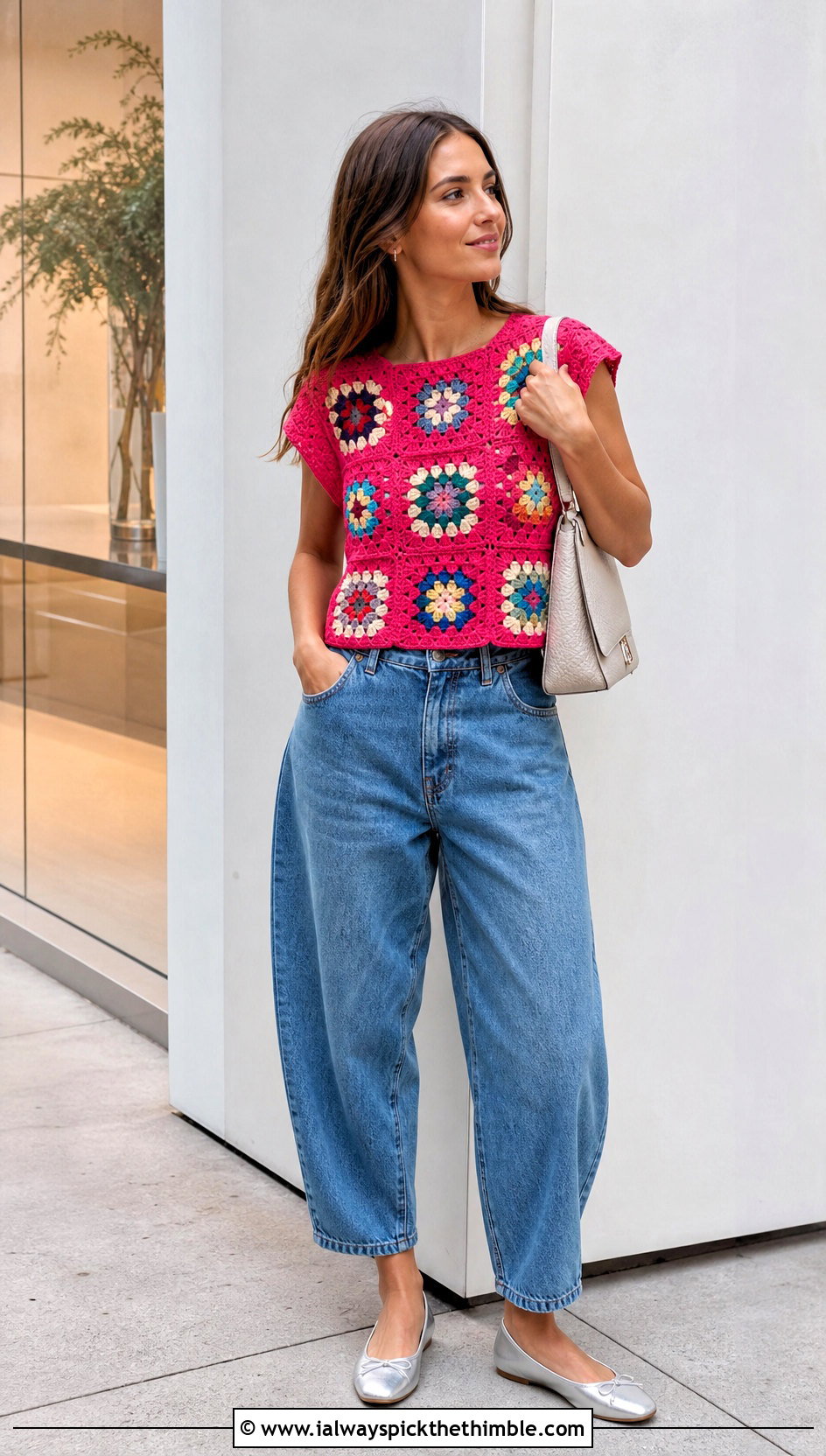Short Sleeve Granny Square Top With Barrel Jeans - 25 crochet granny square top outfit ideas