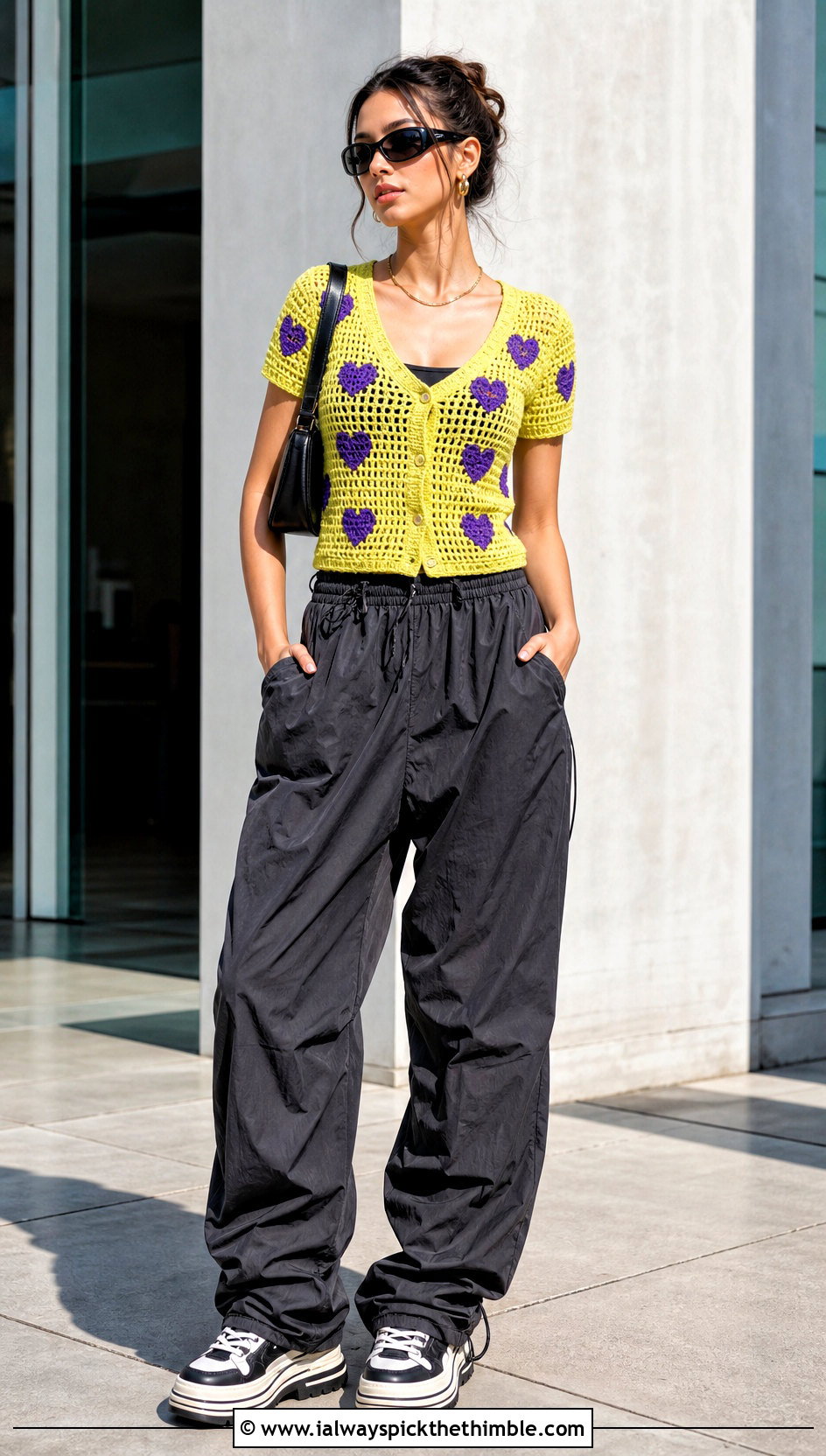 Short Sleeve Heart Cardigan With Parachute Pants - 25 crochet heart cardigan outfit ideas