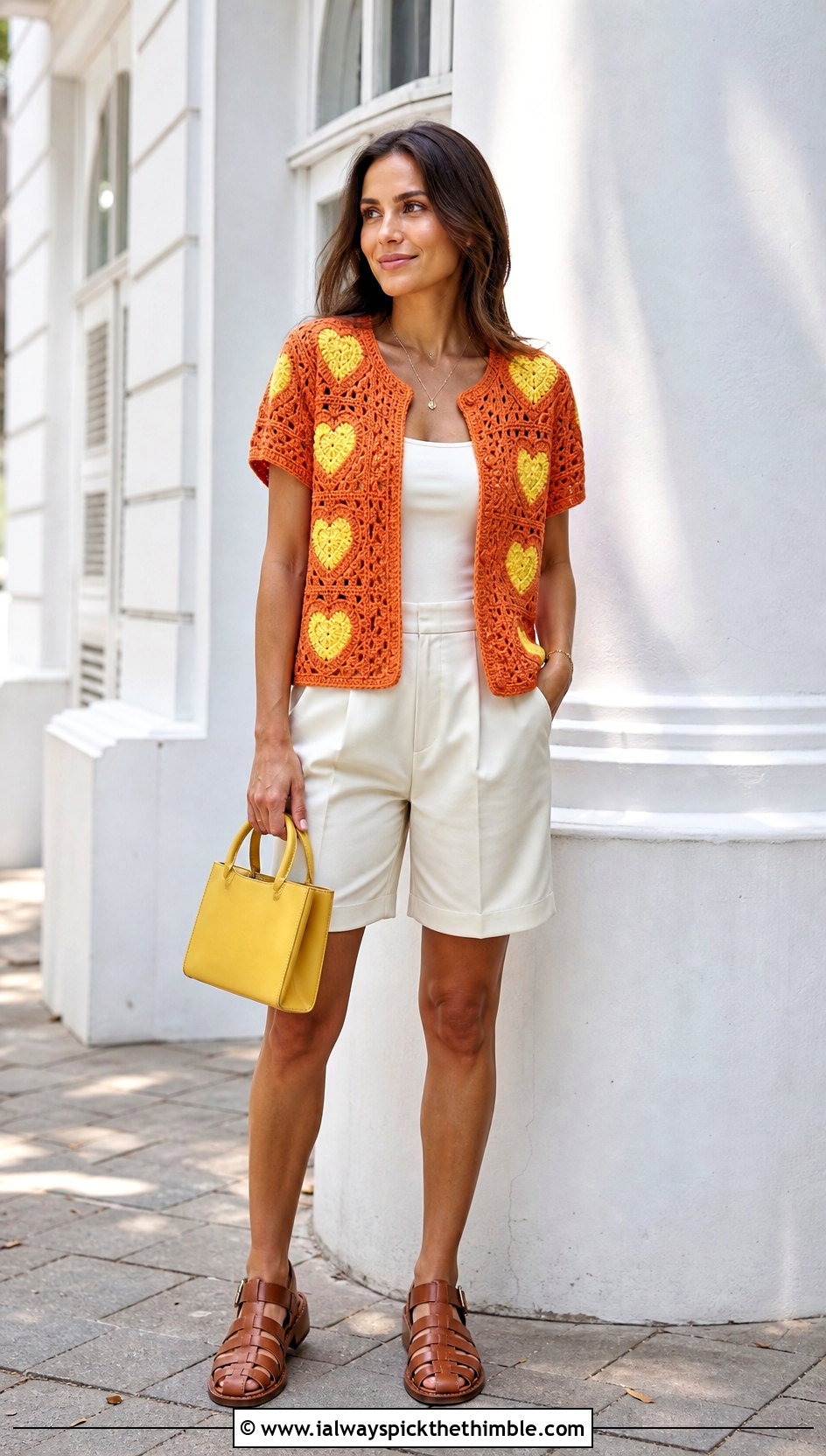 Short Sleeve Heart Granny Square Cardigan With Bermuda Shorts - 25 Heart Granny Square Cardigan outfit ideas