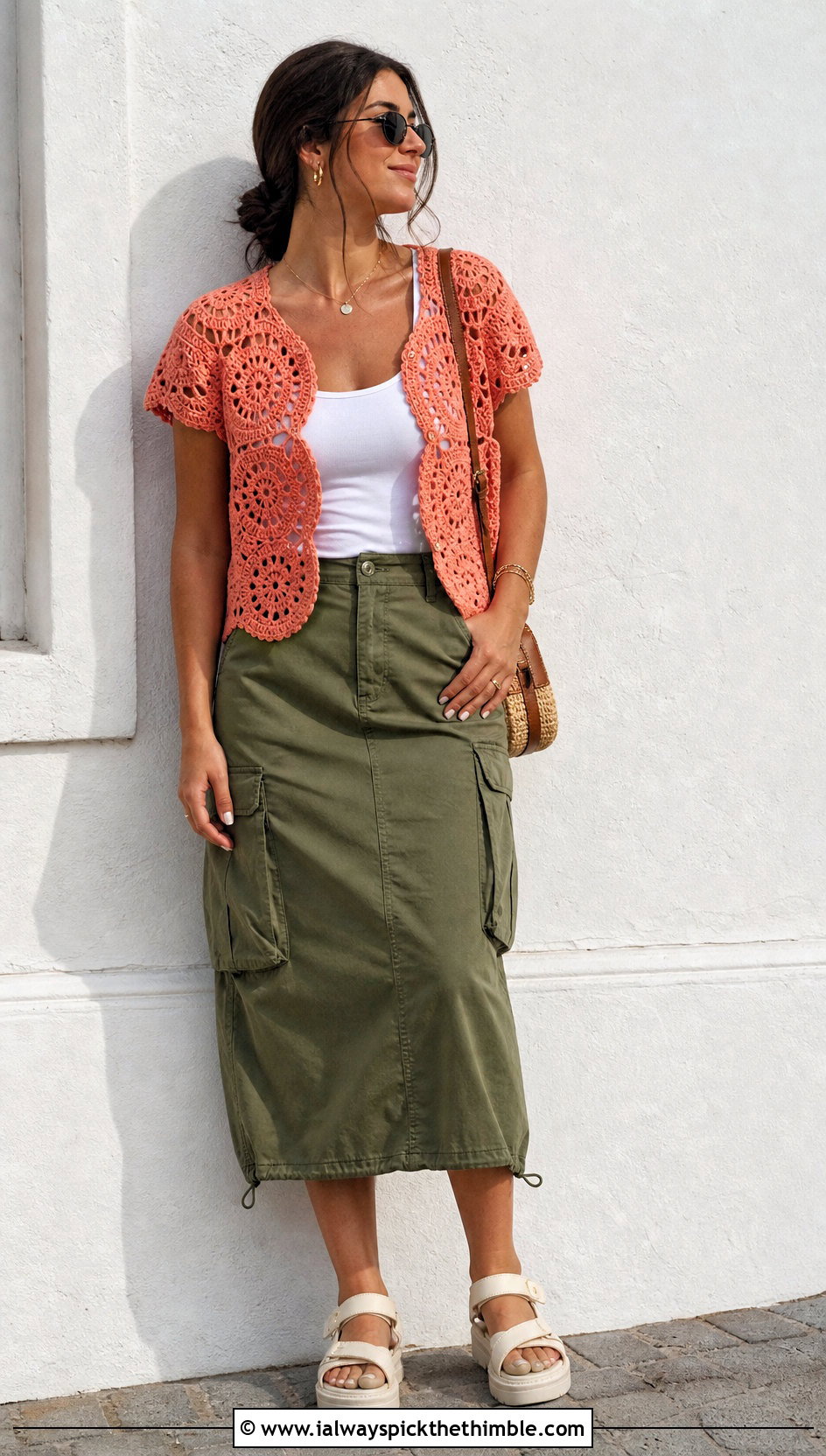 Short Sleeve Hexagon Cardigan With Cargo Skirt - 25 crochet hexagon cardigan outfit ideas