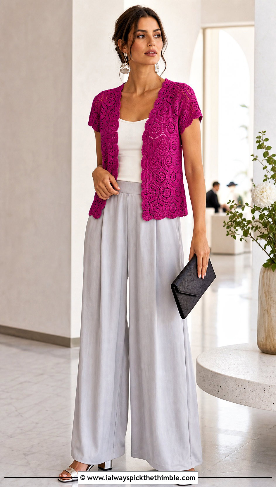 Short Sleeve Hexi Crochet Cardigan With Palazzo Pants - 25 hexi crochet cardigan outfit ideas