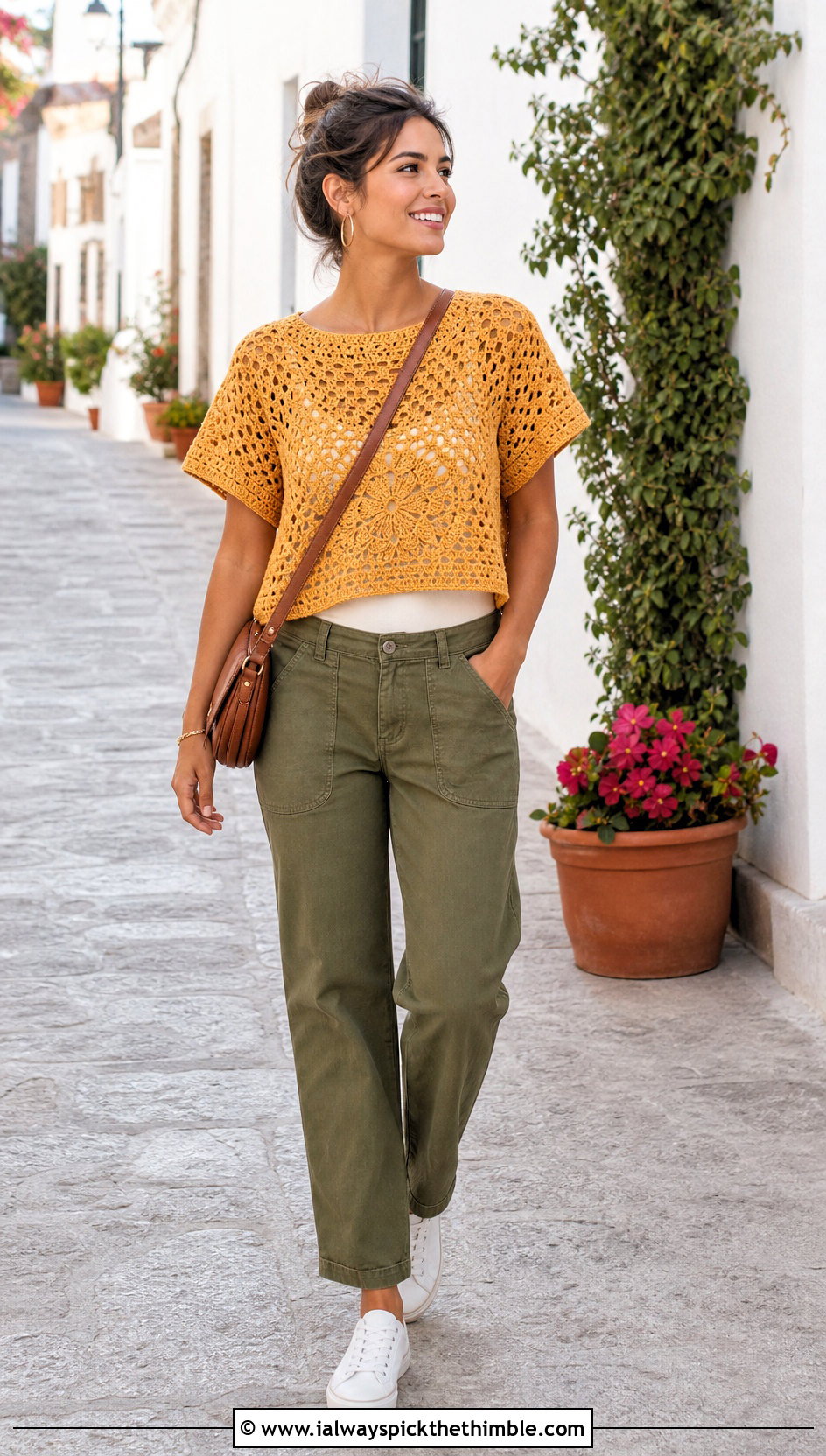 Short Sleeve Lace Crochet Sweater With Utility Pants - 20 lace crochet sweater outfit ideas