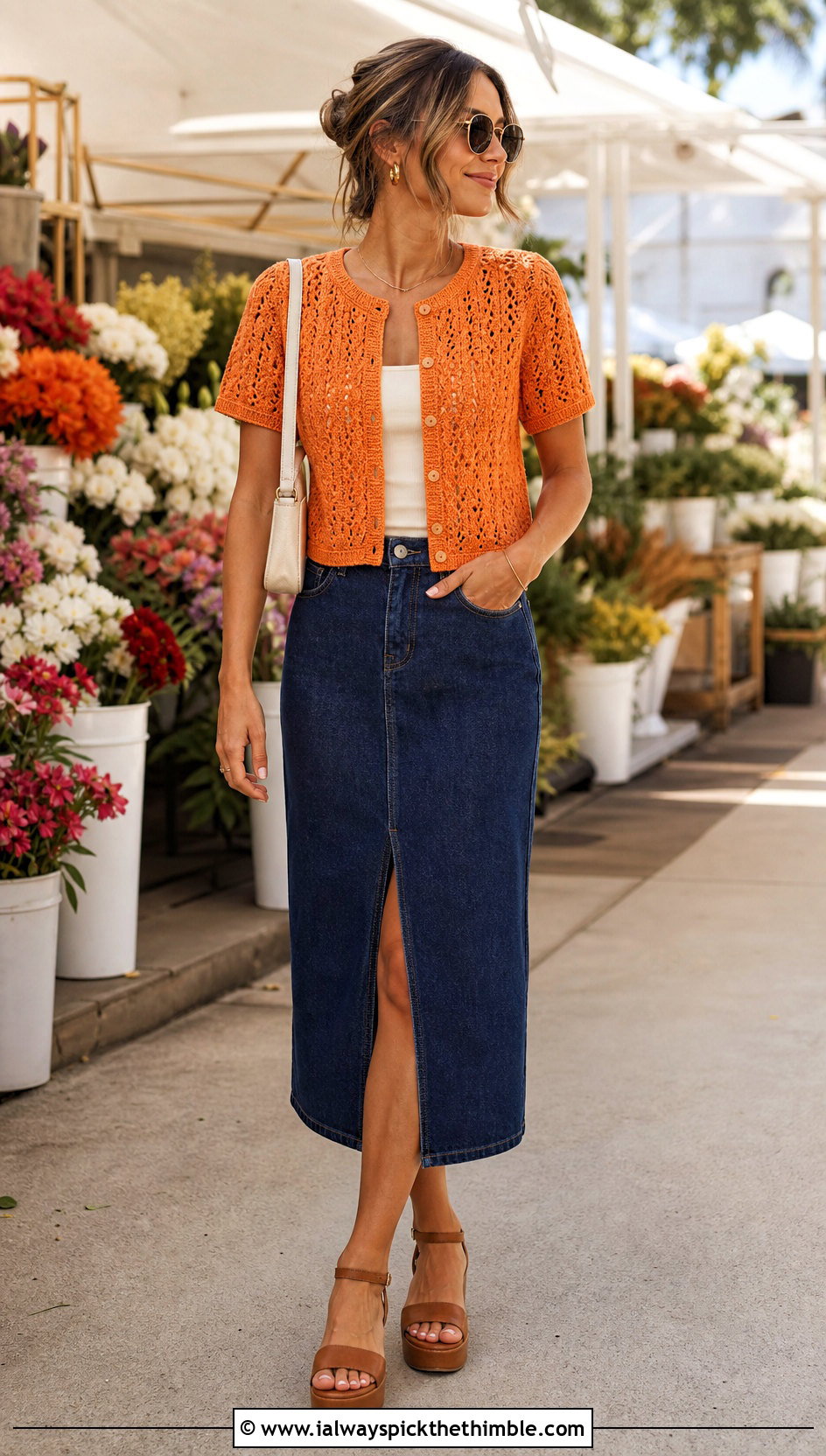 Short Sleeve Mini Crochet Cardigan With Denim Midi Skirt - 25 mini crochet cardigan outfit ideas