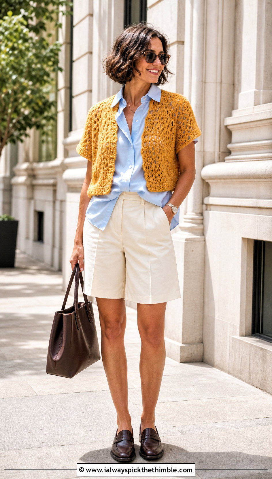 Short Sleeve Mohair Crochet Shrug With Bermuda Shorts - 20 mohair crochet shrug outfit ideas