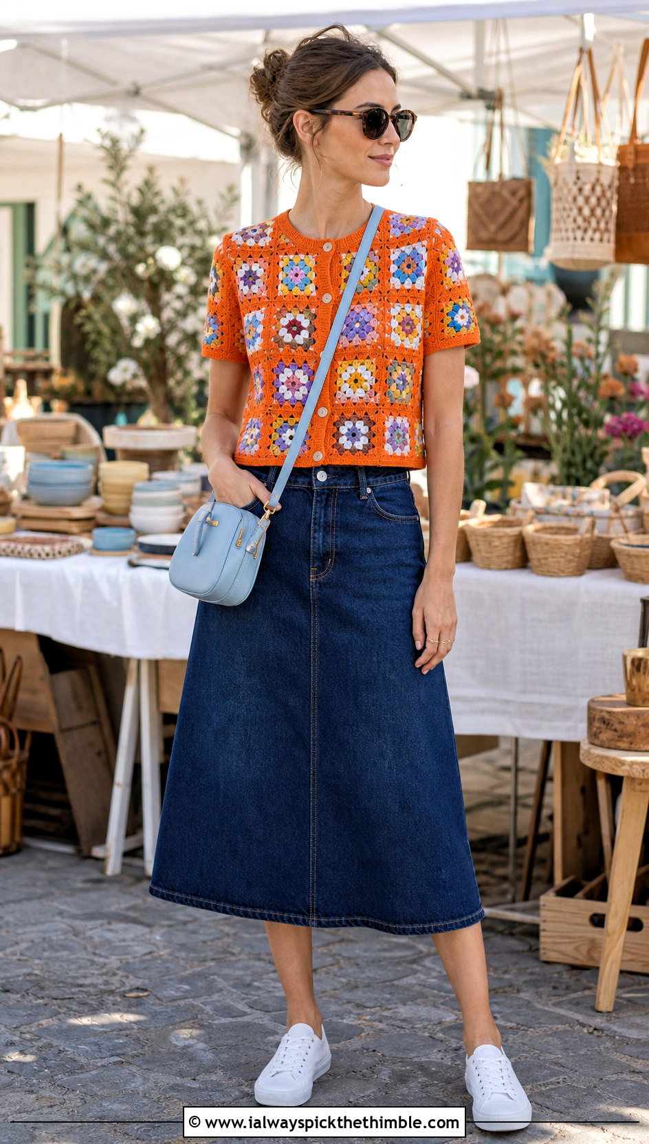 Short Sleeve Multicolor Cotton Granny Square Cardigan With Denim Midi Skirt - 20 cotton granny square cardigan outfit ideas