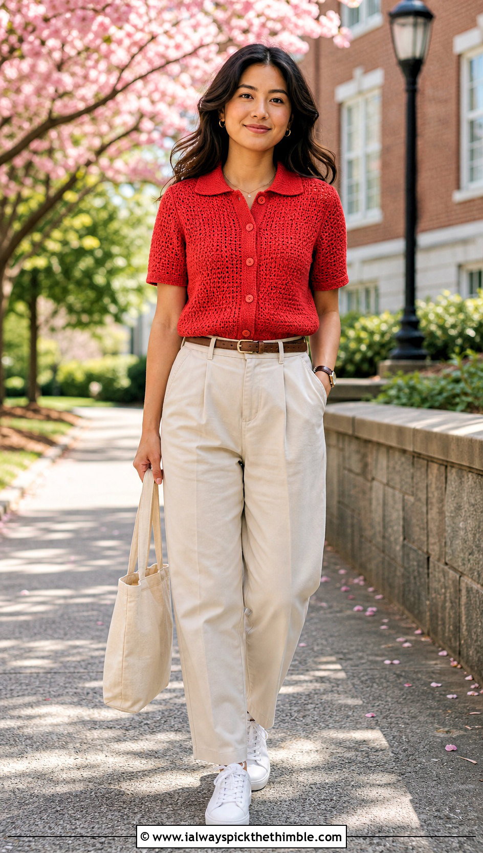 Short Sleeve Polo Crochet Cardigan With Pleated Chinos - 20 crochet spring cardigan outfit ideas