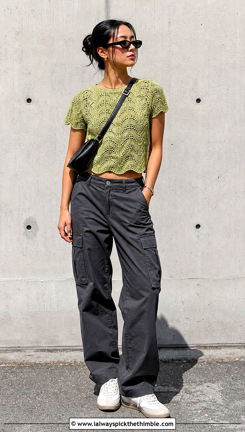 Short Sleeve Ripple Crochet Top With Cargo Pants - 20 wave crochet top outfit ideas