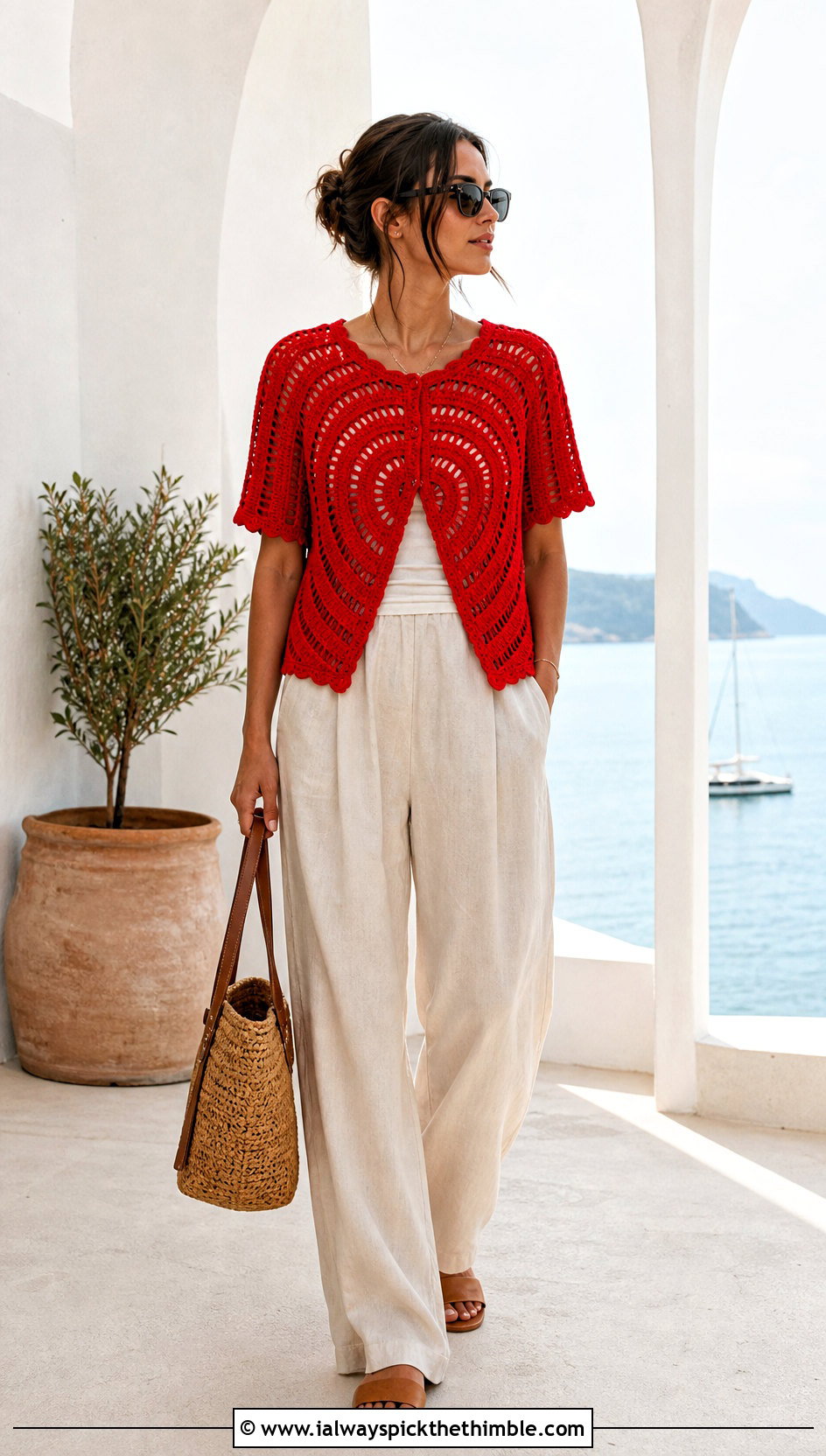 Short Sleeve Spiral Crochet Sweater With Linen Pants - 25 spiral crochet sweater outfit ideas