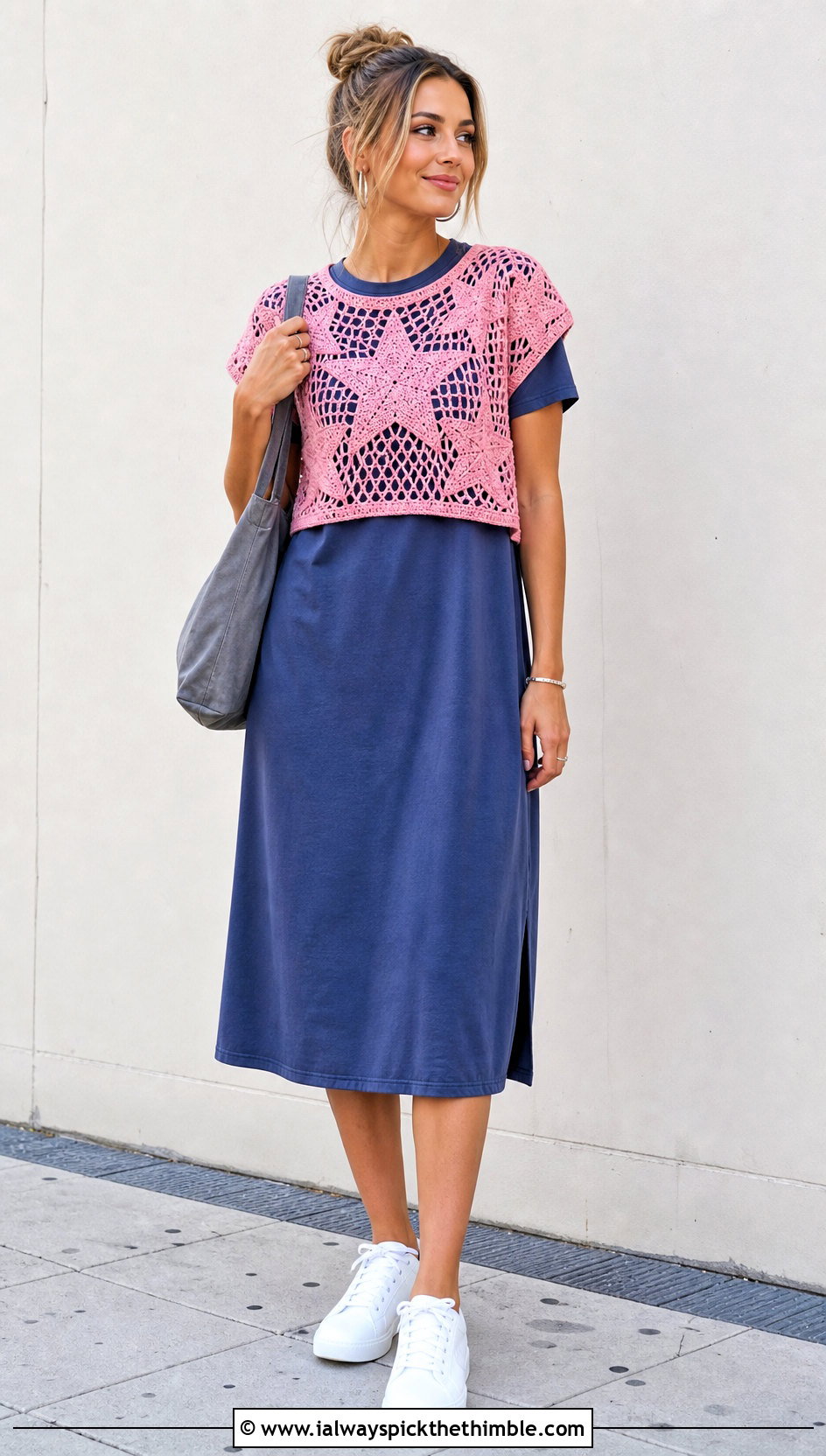 Short Sleeve Star Crochet Overlay Top With T Shirt Dress - 20 star crochet top outfit ideas