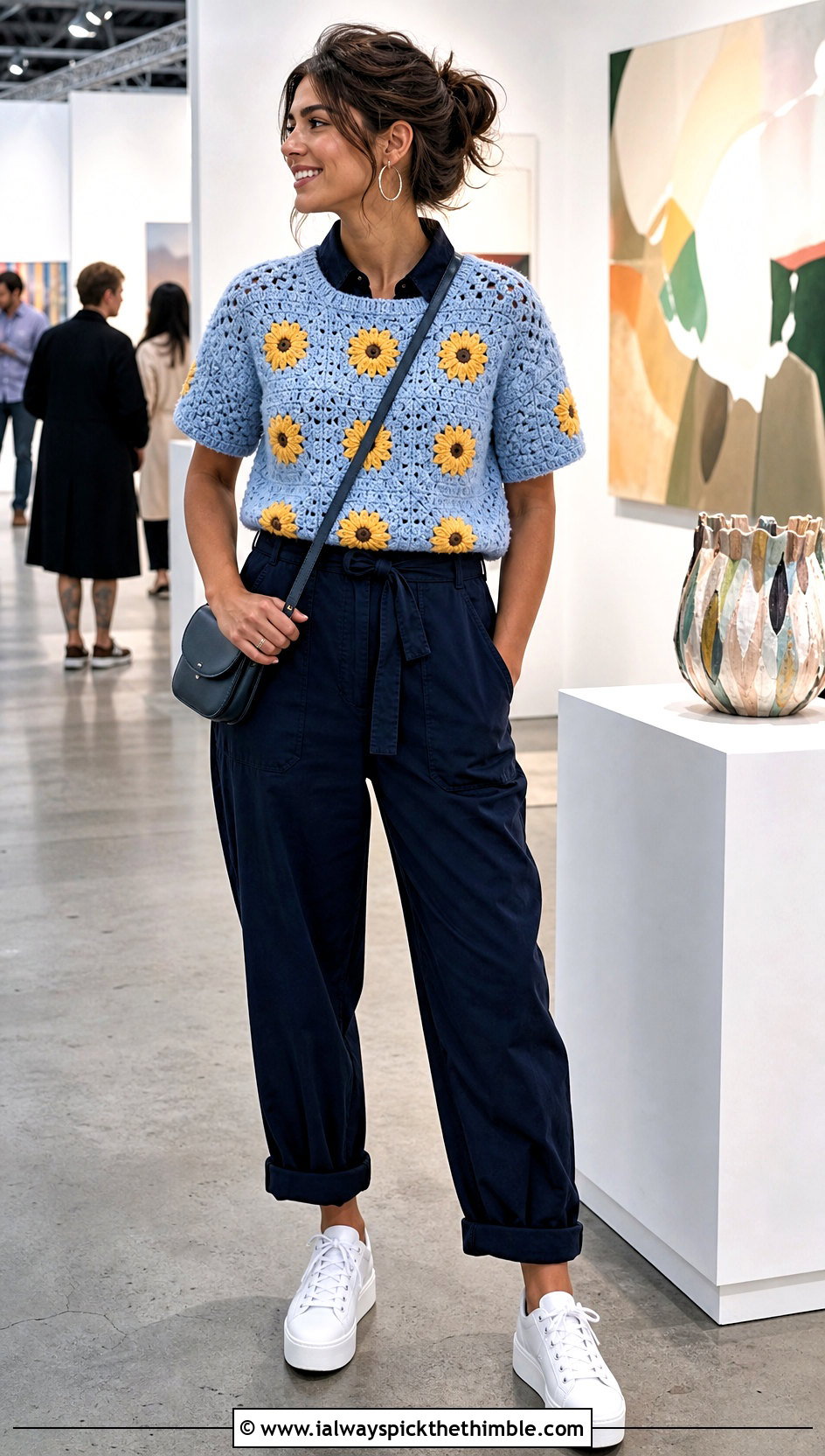 Short Sleeve Sunflower Granny Square Pullover Sweater With Utility Jumpsuit - 15 Sunflower Granny Square Pullover Sweater outfit ideas