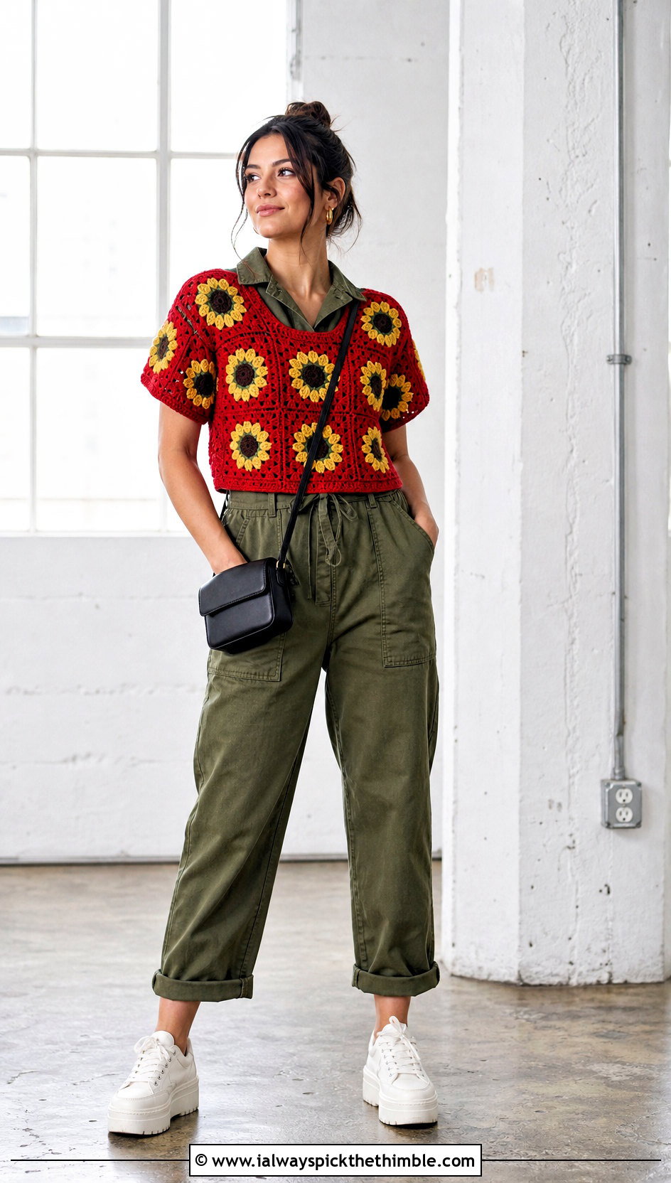 Short Sleeve Sunflower Granny Square Sweater Over Utility Jumpsuit - 20 sunflower granny square sweater outfit ideas