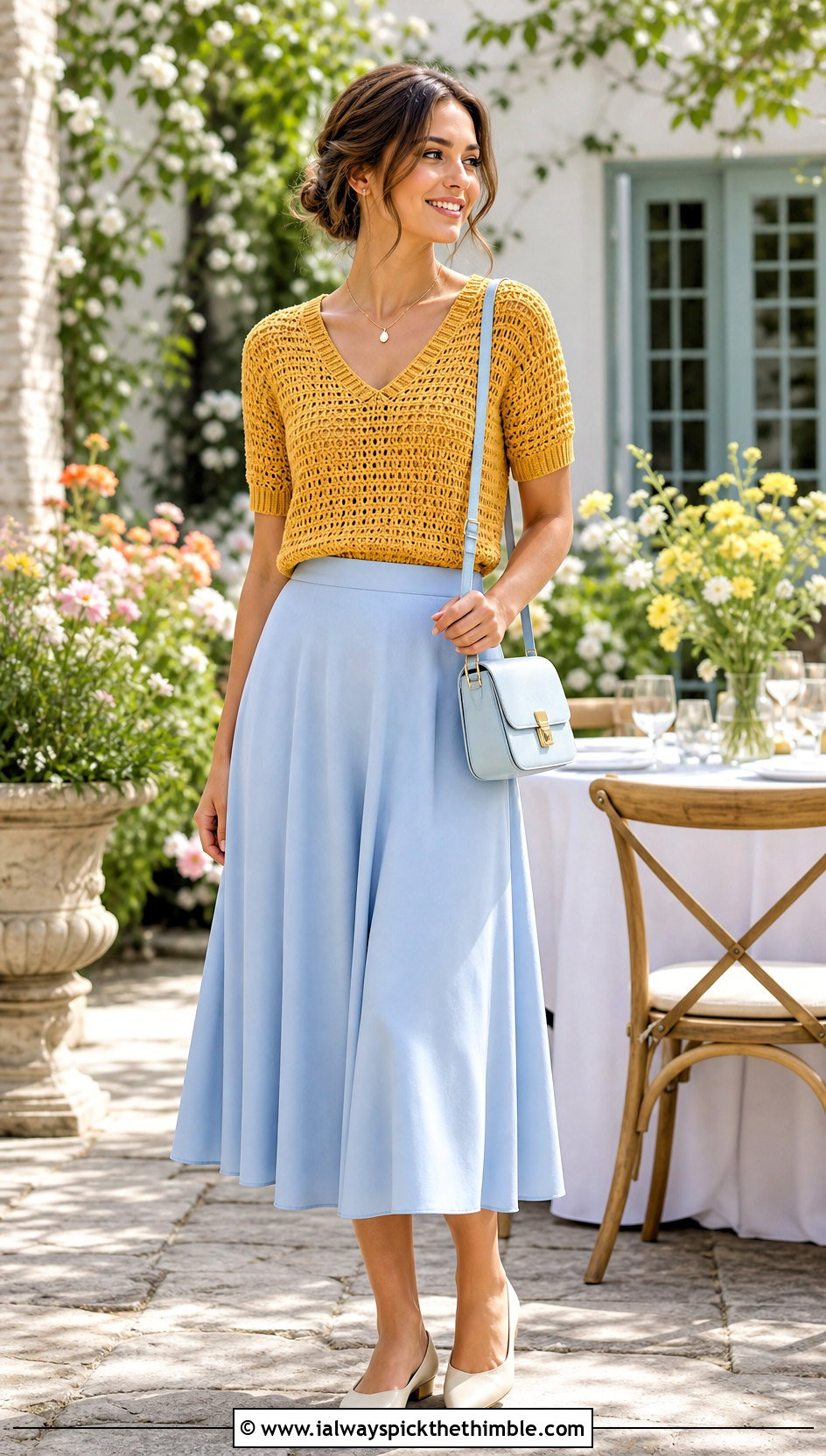 Short Sleeve V Neck Crochet Sweater With A Line Skirt - 25 v neck crochet sweater outfit ideas
