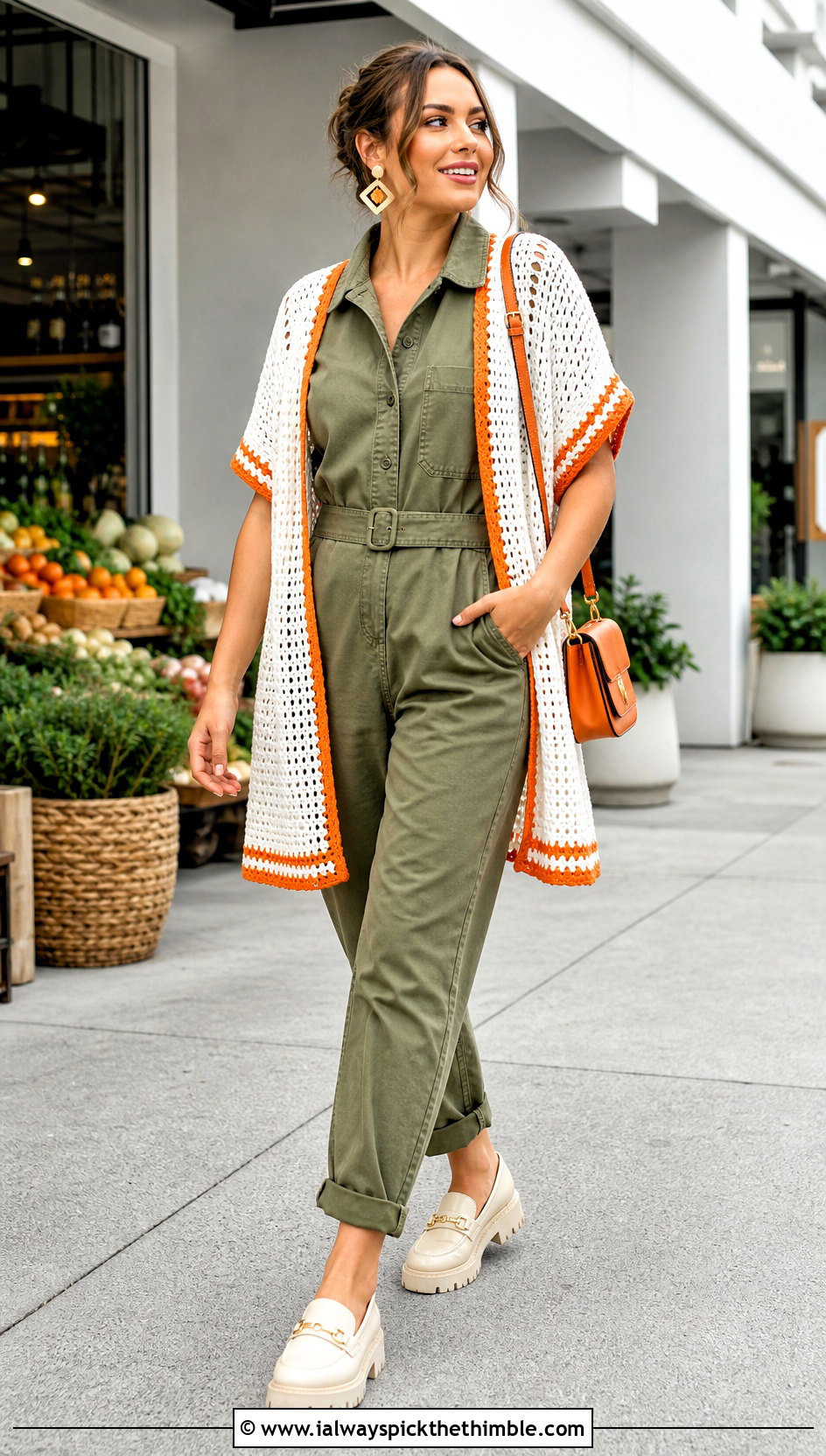 Short Sleeve White Crochet Kimono With Utility Jumpsuit - 15 White Crochet Kimono outfit ideas