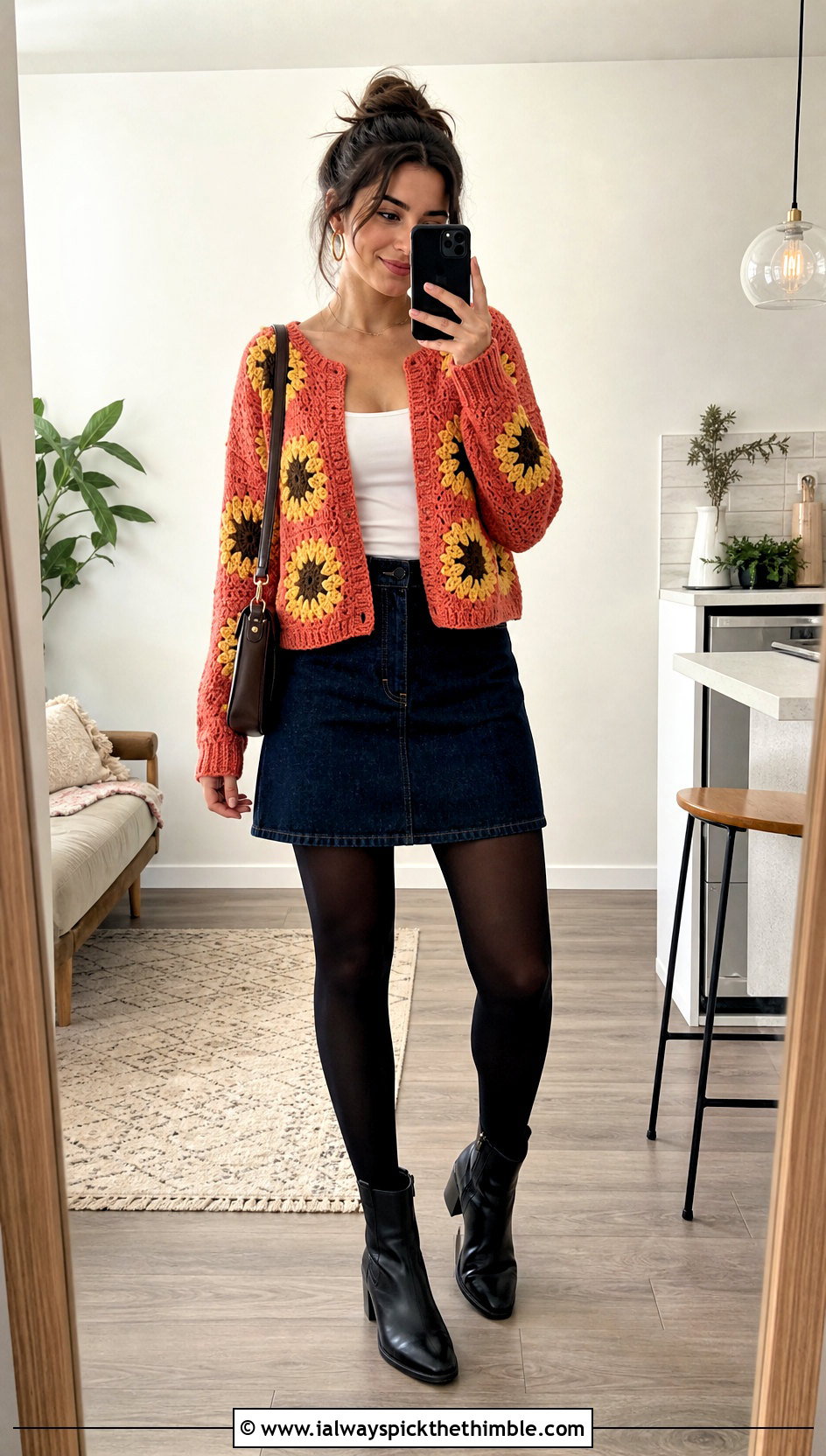 Short Sunflower Cardigan With A Line Mini Skirt - 25 crochet sunflower sweater outfit ideas