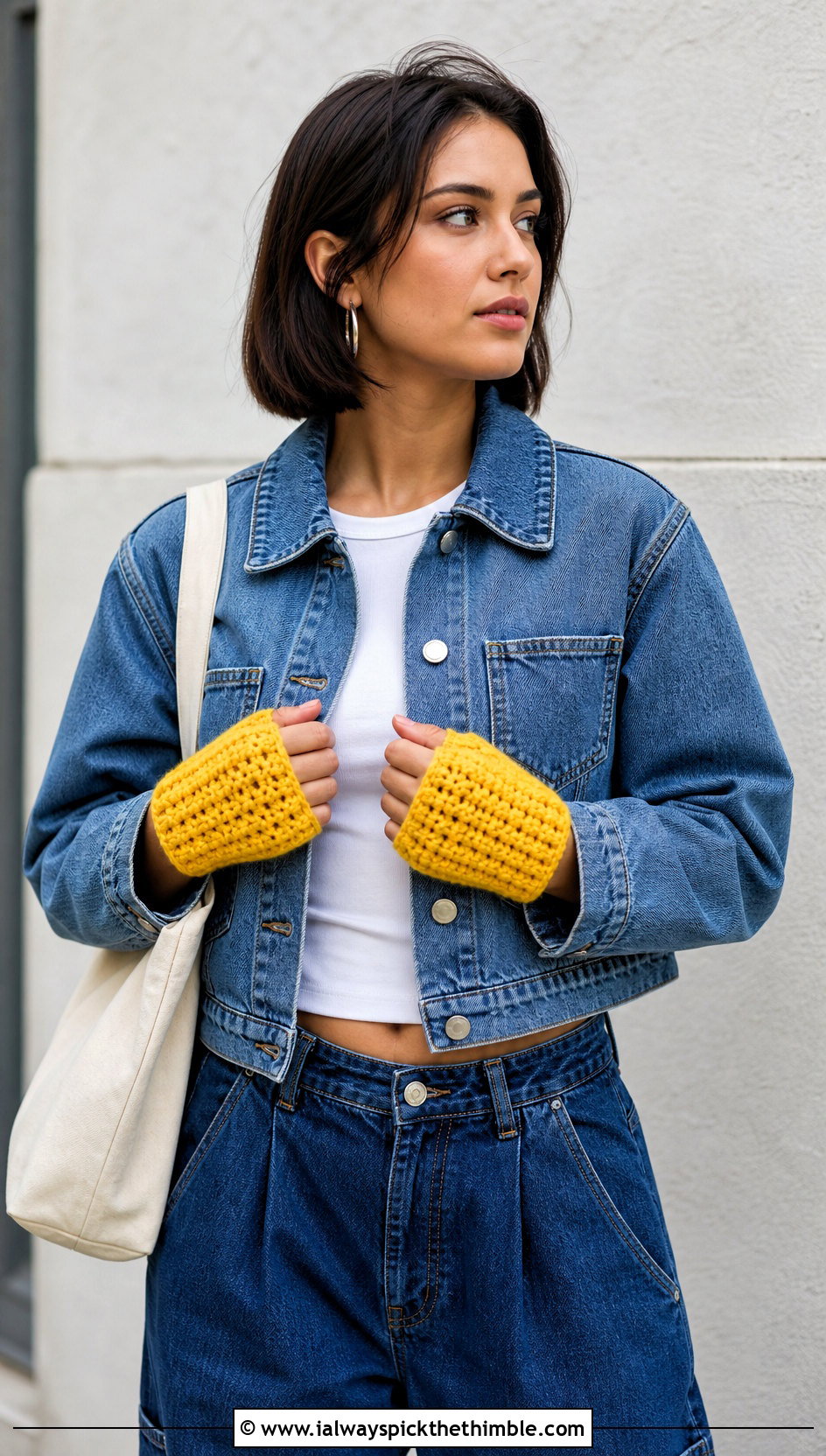 Short Wristlet Chunky Yarn Crochet Fingerless Gloves With Denim Set - 20 chunky yarn crochet fingerless gloves outfit ideas