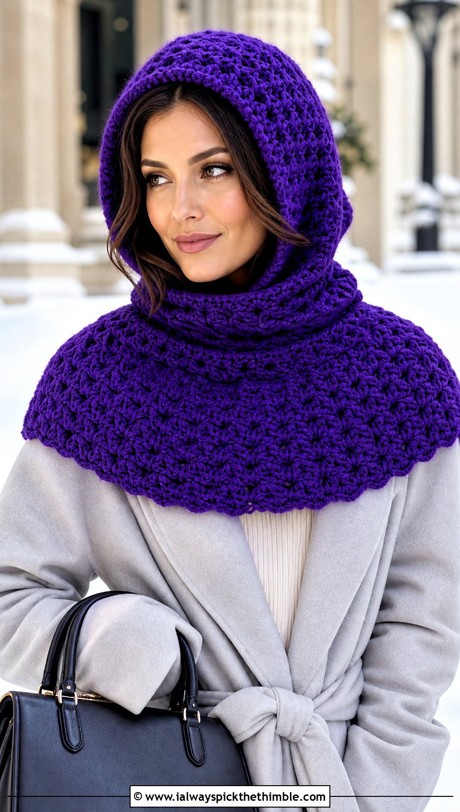 Shoulder Cape Crochet Cowl Hat With Belted Wrap Coat - 20 crochet cowl hat outfit ideas