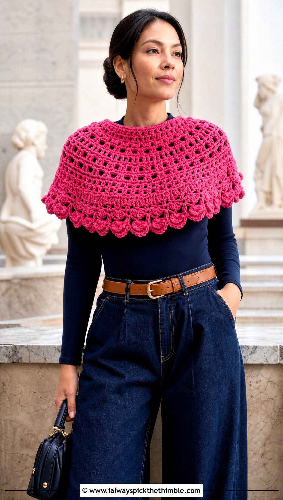 Shoulder Capelet Pink Crochet Cowl With Wide Leg Jeans - 15 pink crochet cowl outfit ideas