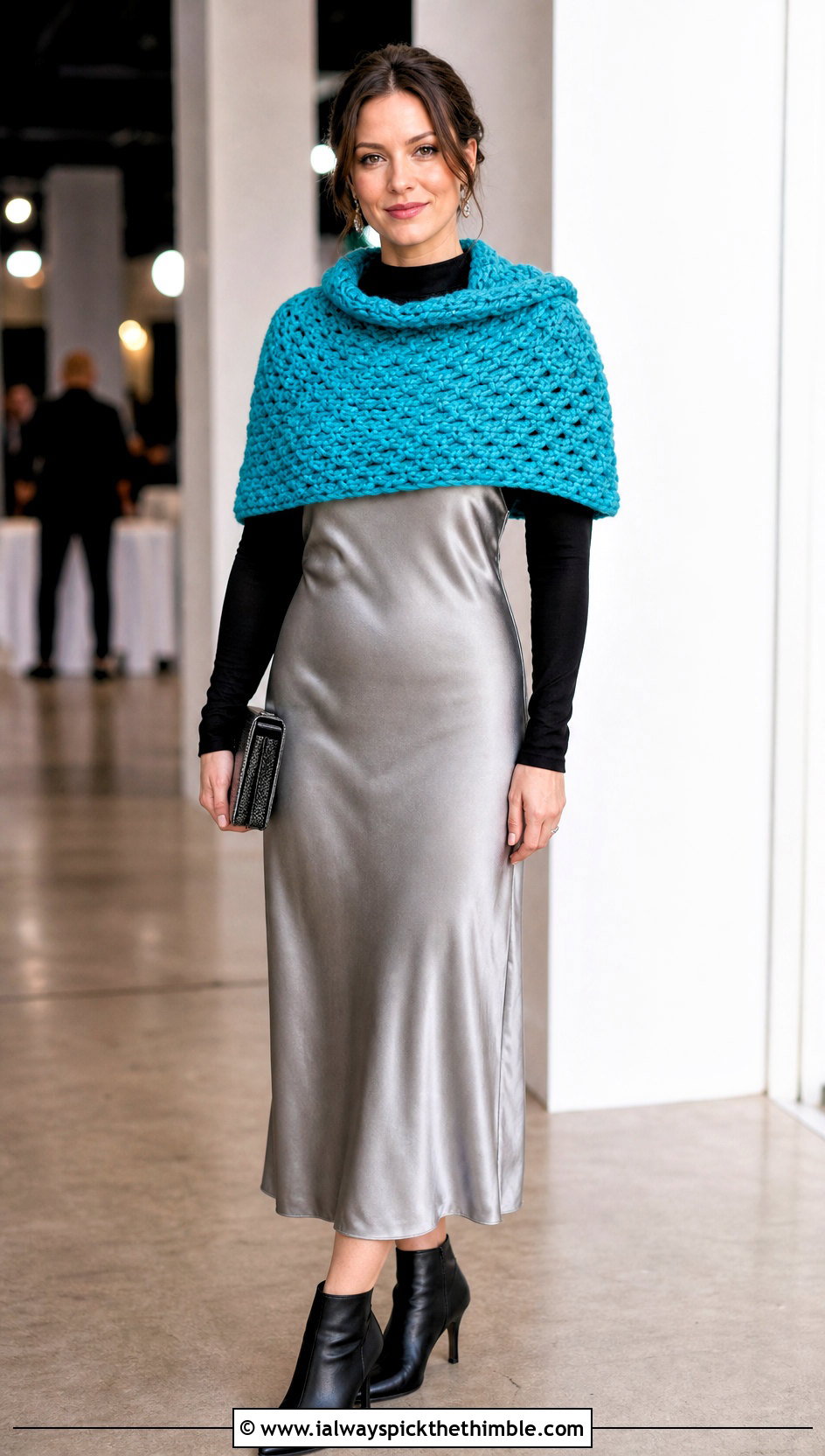Shoulder Covering Chunky Yarn Crochet Cowl With Slip Dress And Boots - 20 Chunky Yarn Crochet Cowl outfit ideas