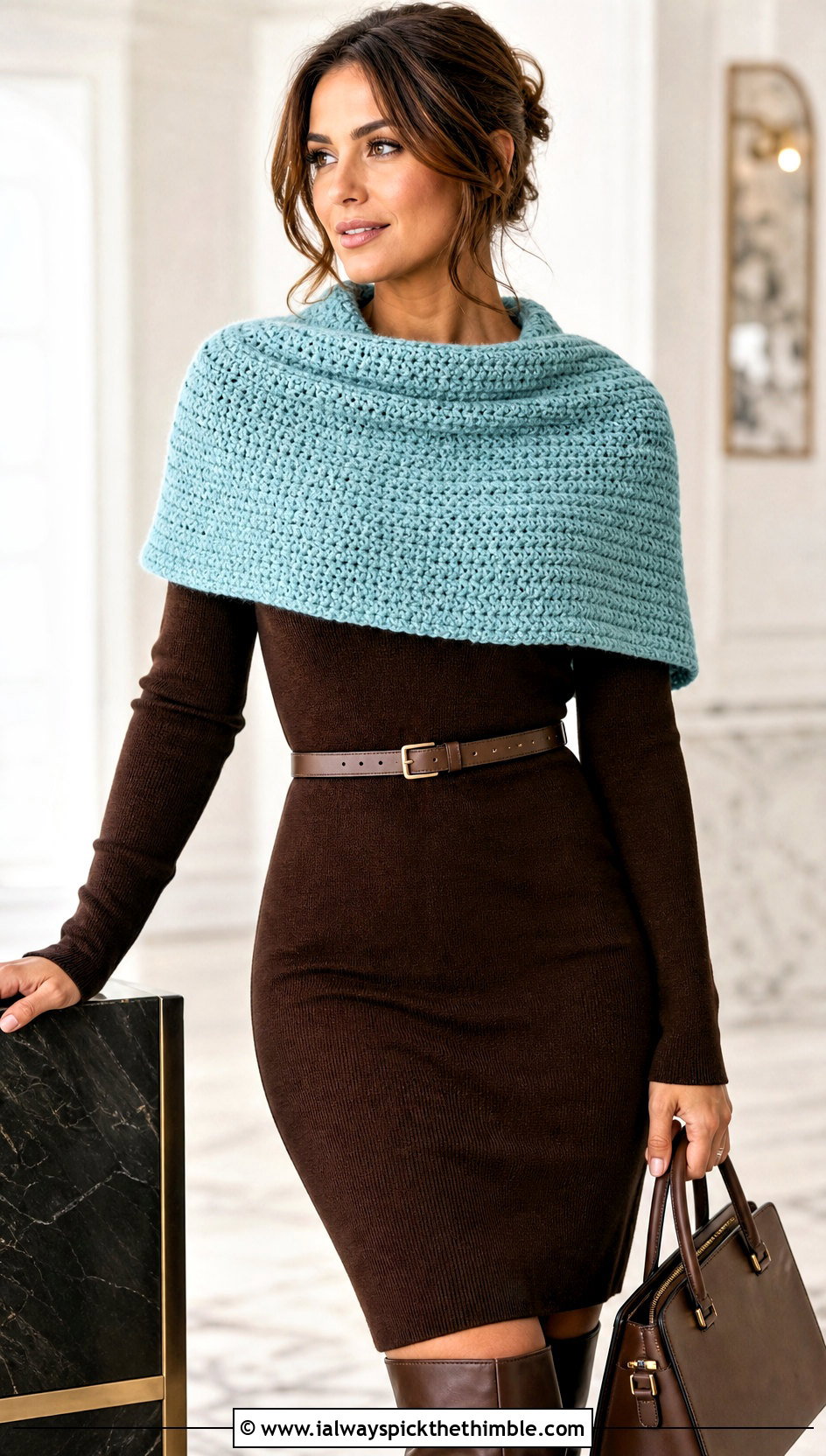 Shoulder Moss Stitch Crochet Cowl With Knit Dress And Tall Boots - 15 Moss Stitch Crochet Cowl outfit ideas