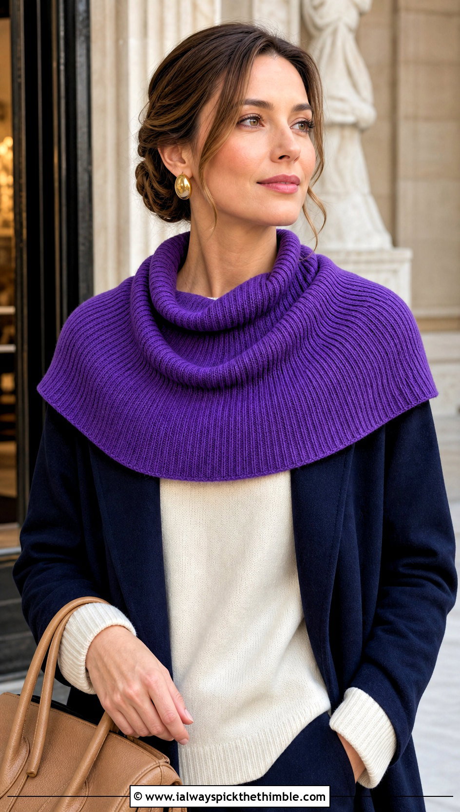 Shoulder Ribbed Cowl With Wool Coat - 20 Crochet Ribbed Cowl outfit ideas