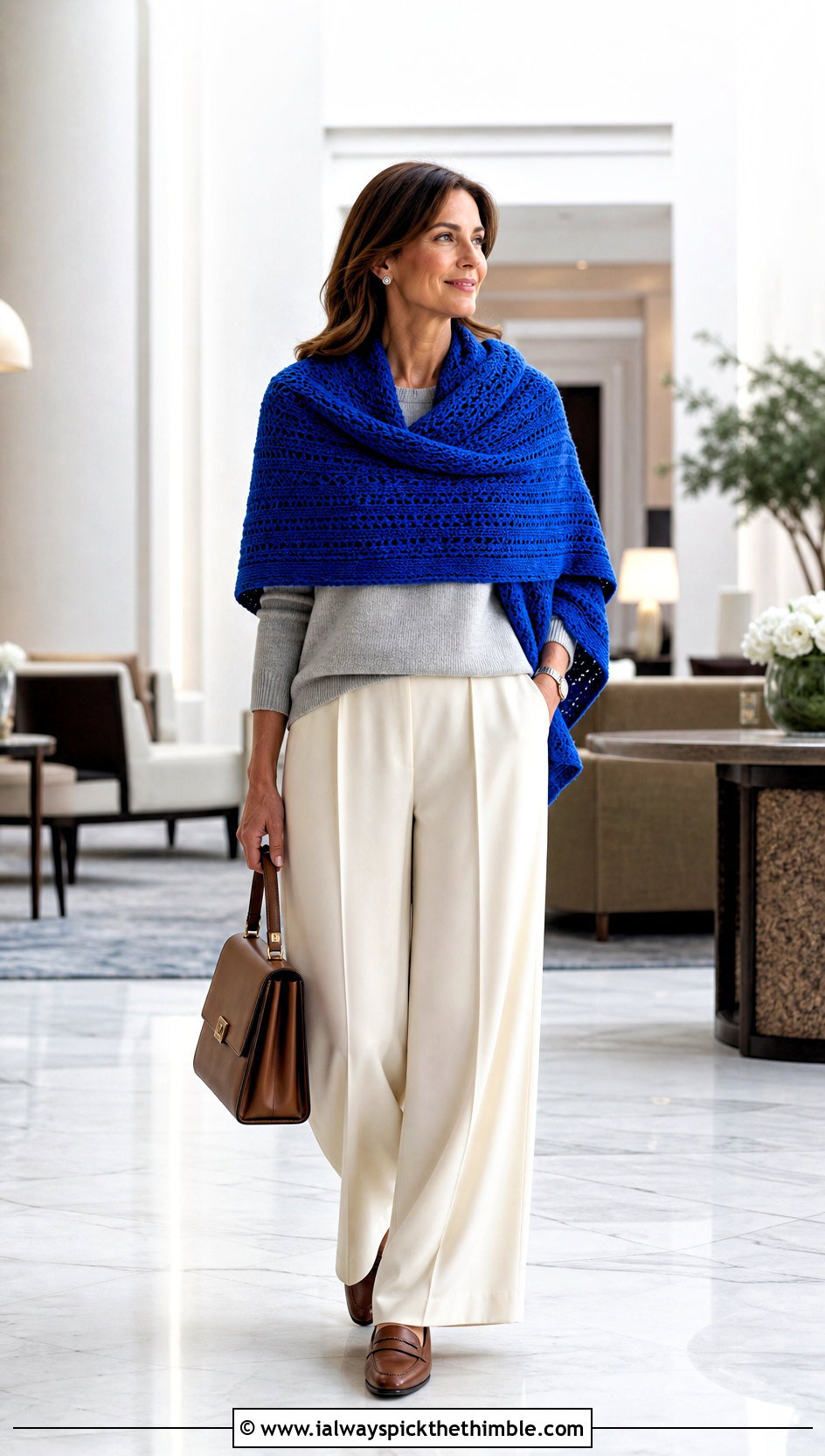 Shoulder Wrap Highlander Shawl With Wide Leg Trousers - 20 Crochet Highlander Shawl outfit ideas