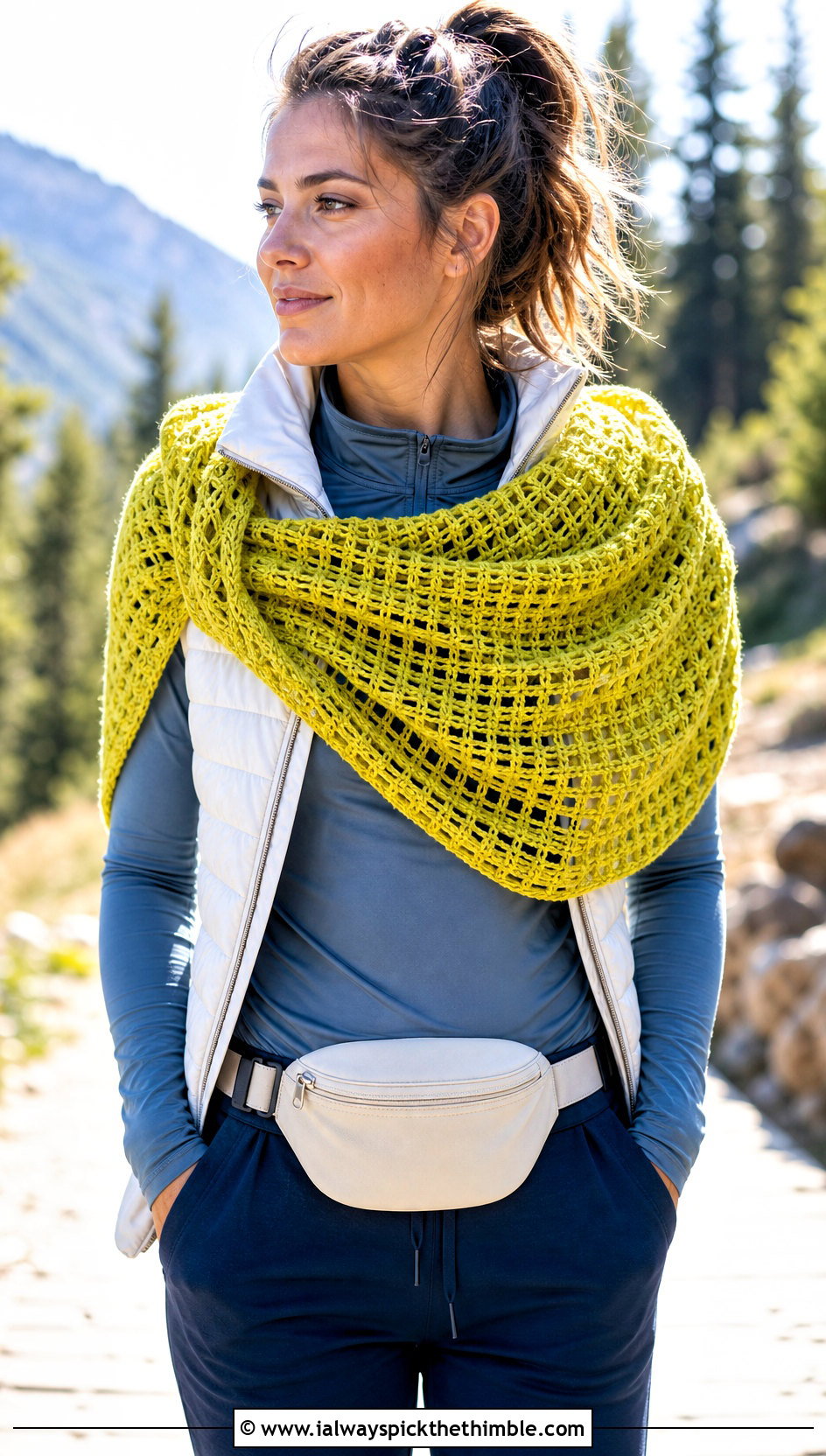 Shoulder Wrapped Fall River Crochet Shawl With a Puffer Vest - 20 Fall River Crochet Shawl outfit ideas