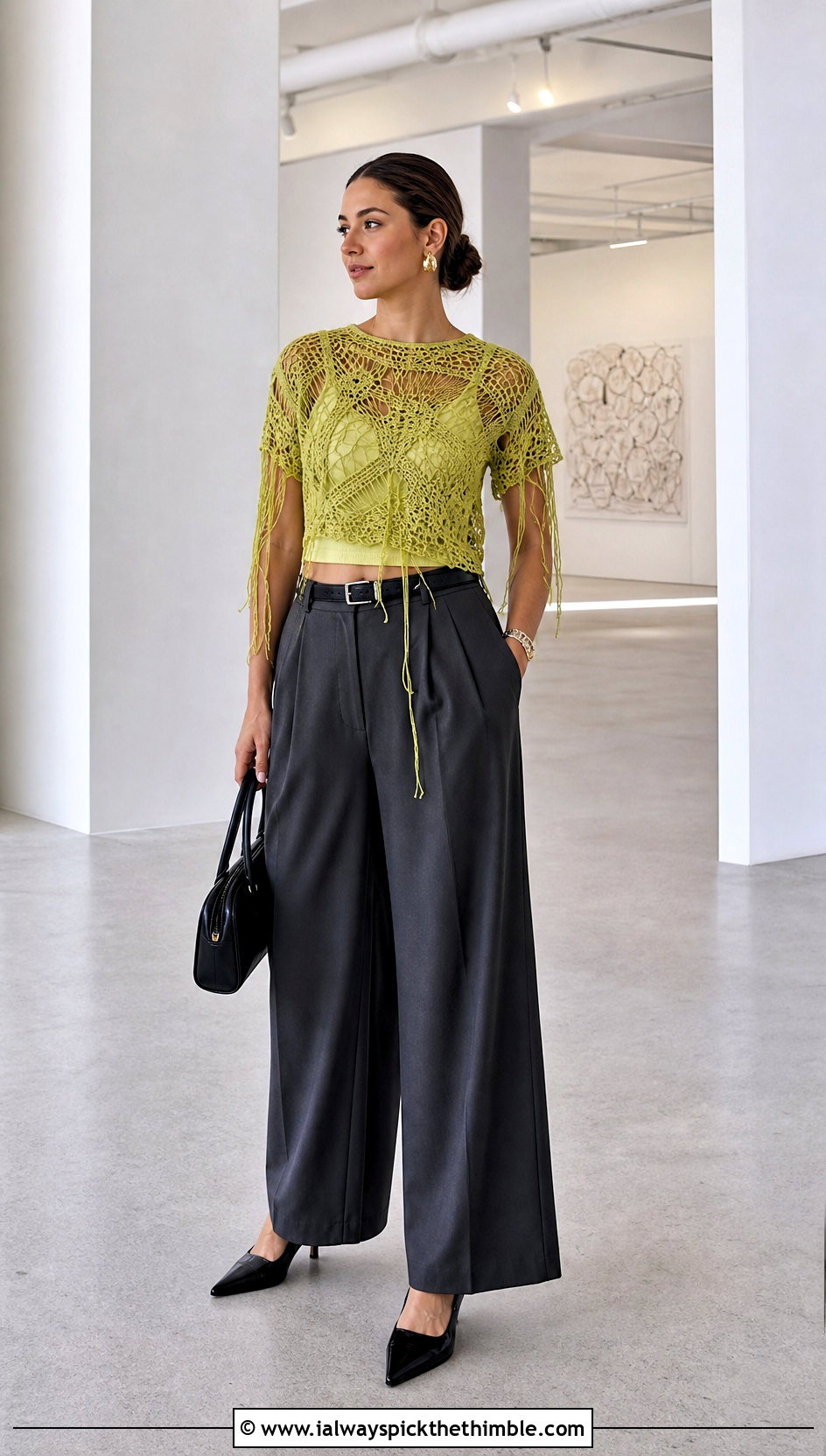 Shredded Crochet Crop Top With Tailored Trousers - 25 Distressed Crochet Top outfit ideas