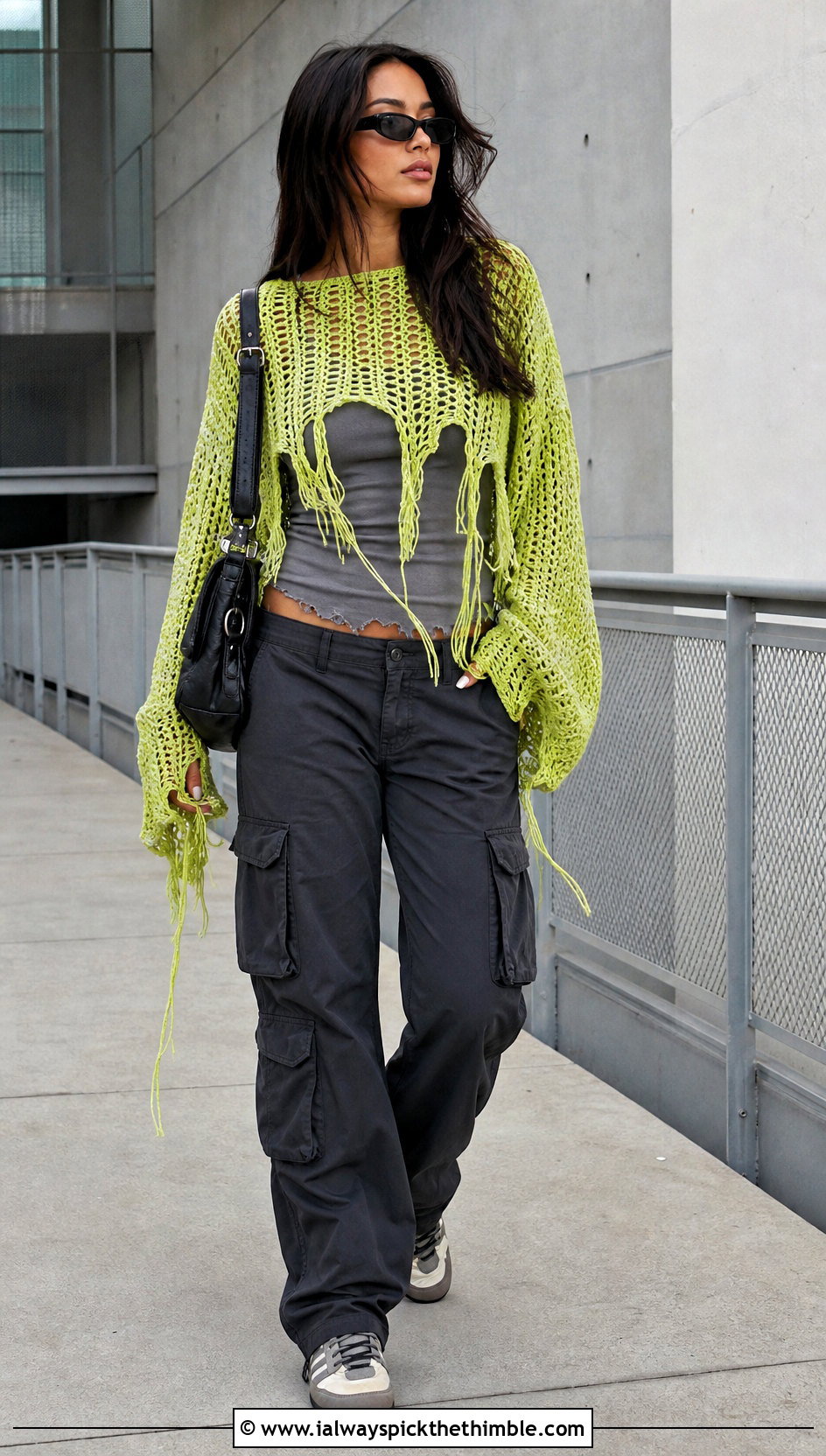 Shredded Hem Crochet Sweater With Cargo Pants - 25 distressed crochet sweater outfit ideas