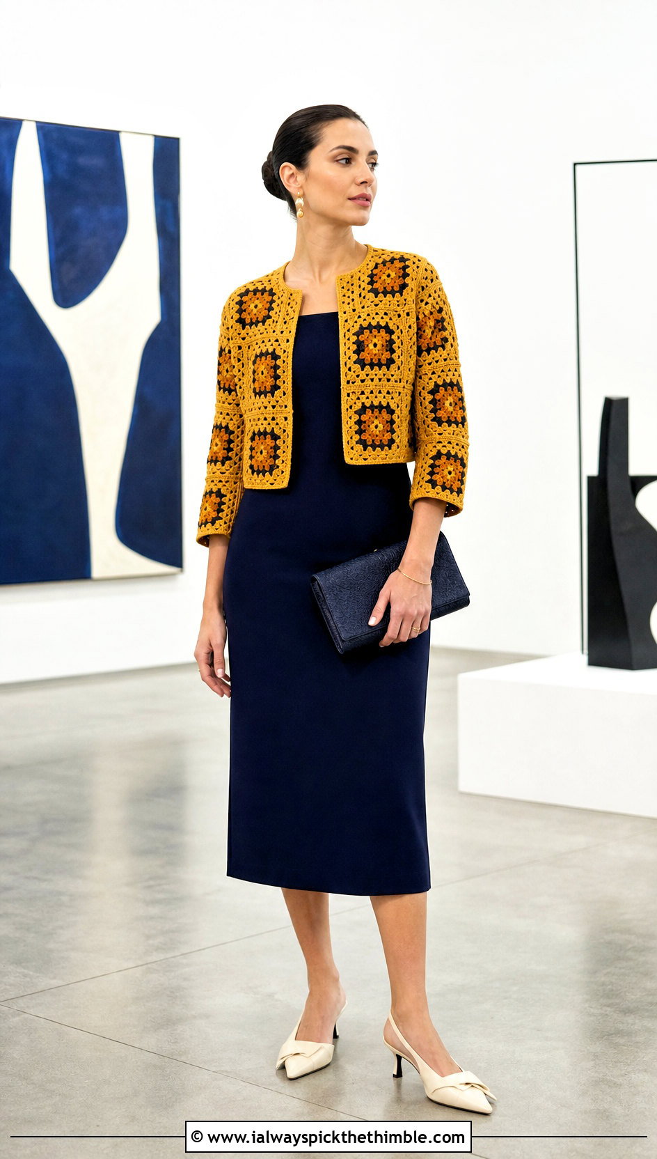 Shrug Small Granny Square Cardigan With Column Dress - 20 Small Granny Square Cardigan outfit ideas