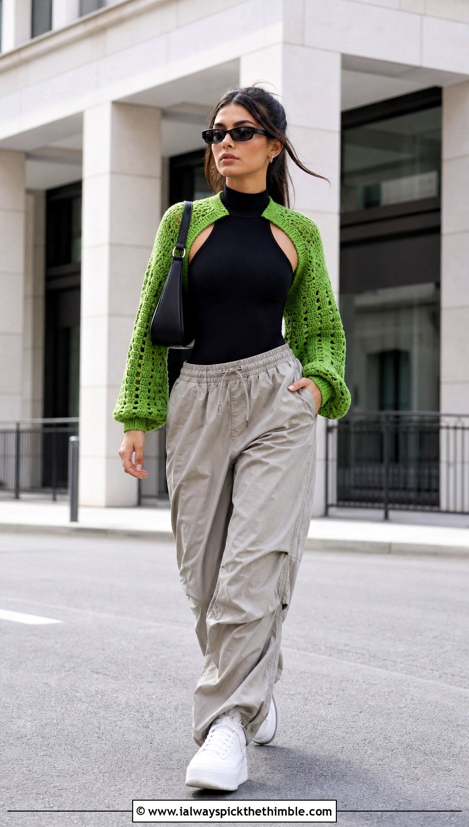Shrug Style Crochet Y2K Cardigan With Parachute Pants - 20 Crochet Y2K Cardigan outfit ideas