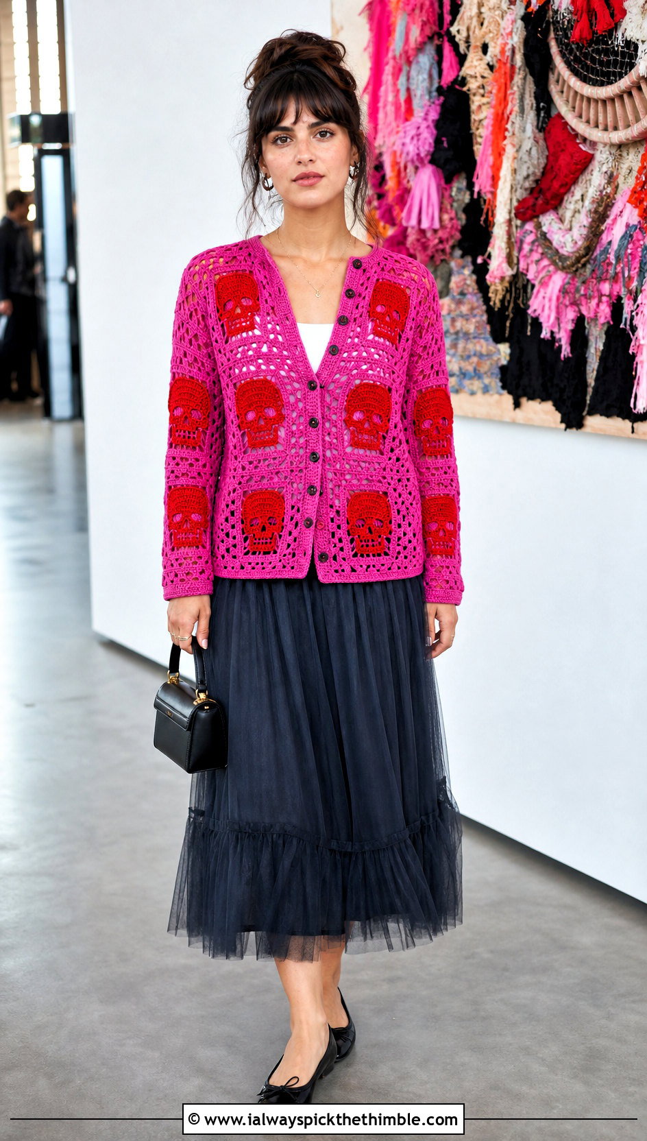 Shrunken Skull Granny Square Cardigan With Tulle Midi Skirt - 20 skull granny square cardigan outfit ideas