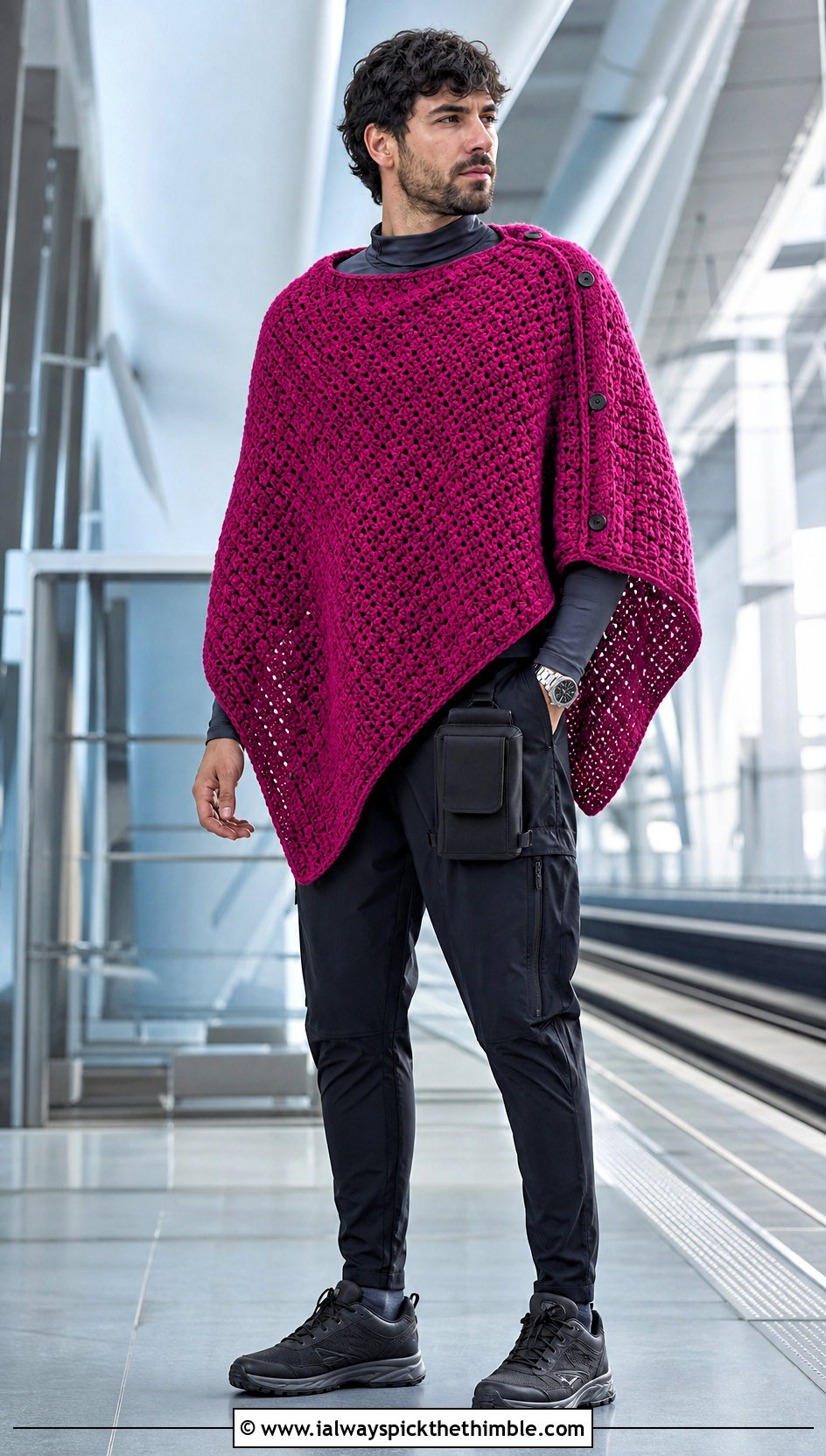 Side Button Crochet Poncho With Techwear Pants - 20 men crochet poncho outfit ideas