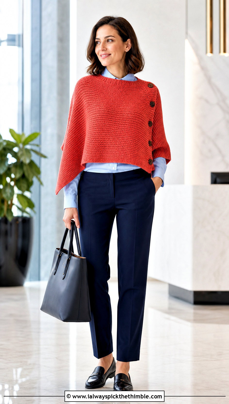Side Button Square Poncho With Office Trousers - 20 crochet square poncho outfit ideas