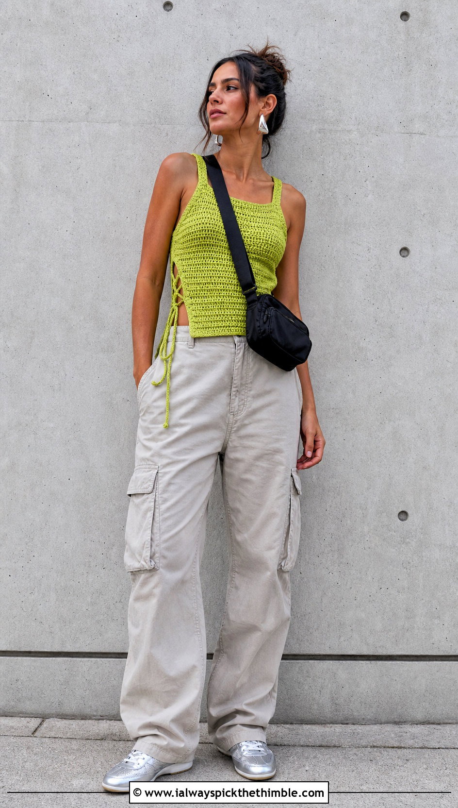 Side Cinch Crochet Tank With Cargo Pants - 20 crochet cinch top outfit ideas