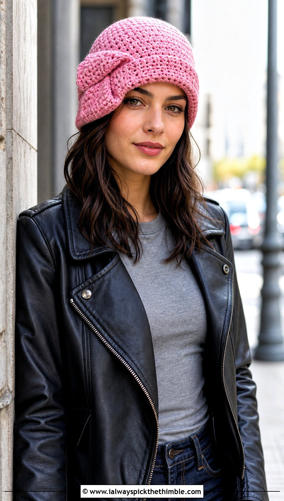 Side Fold Crochet Cloche Hat With Leather Jacket - 20 flapper style crochet cloche hat outfit ideas