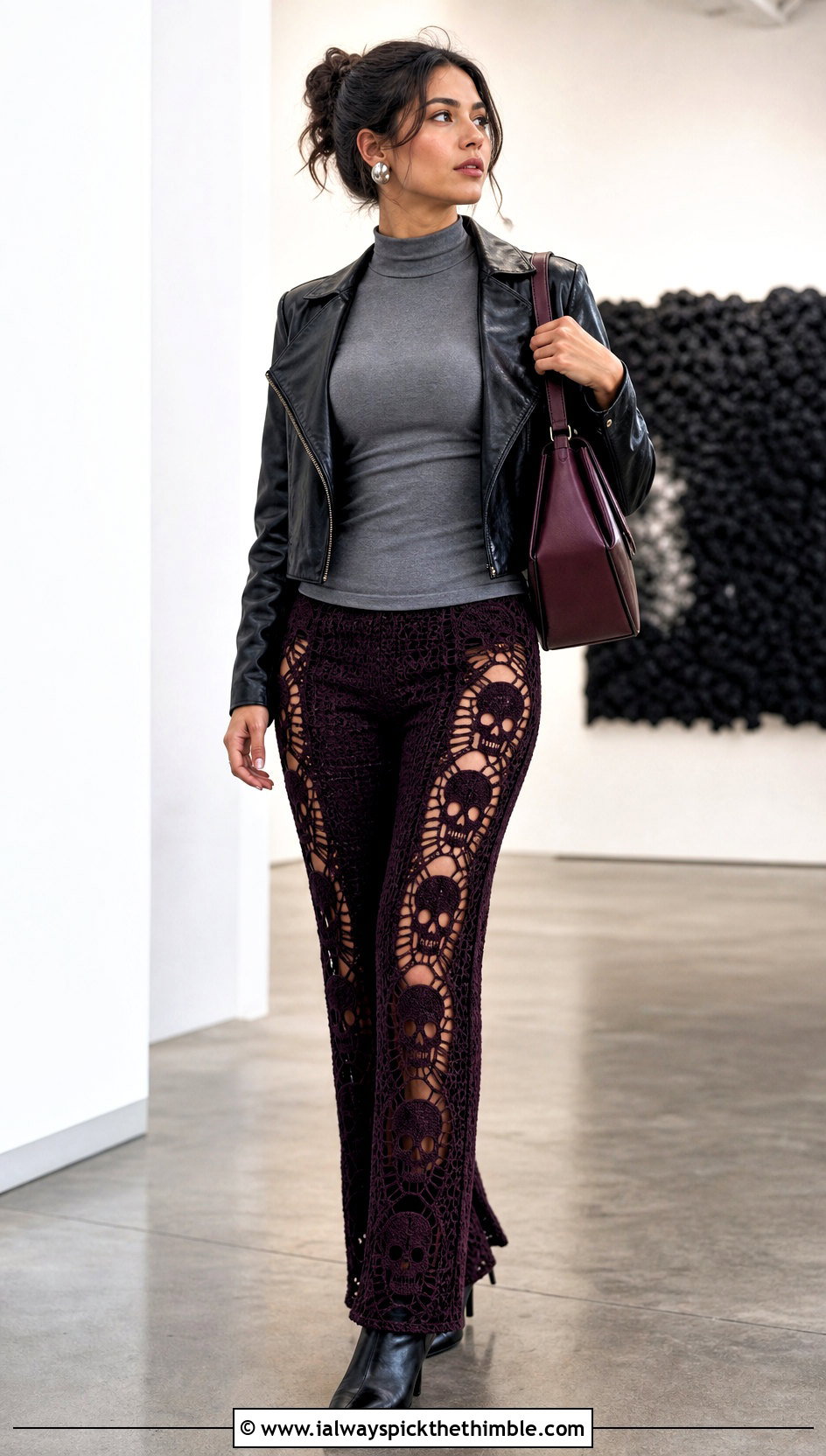Side Panel Crochet Skull Pants With Leather Jacket - 20 Crochet Skull Pants outfit ideas