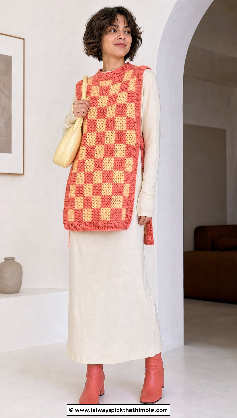 Side Slit Checkered Sweater Vest Over A Maxi Dress - 20 crochet checkered sweater outfit ideas