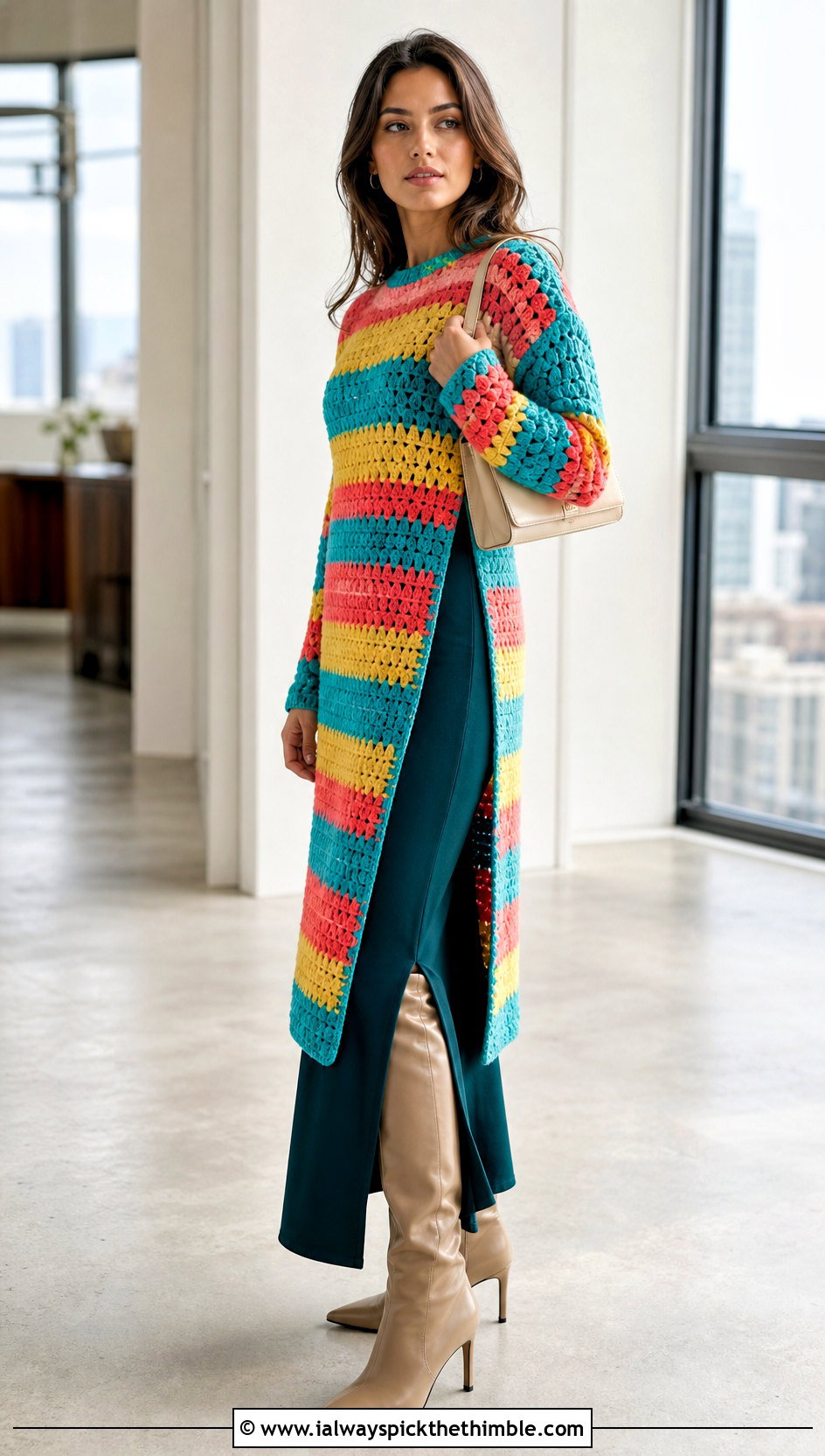 Side Slit Crochet Granny Stripe Sweater With Column Maxi Dress - 20 Crochet Granny Stripe Sweater outfit ideas